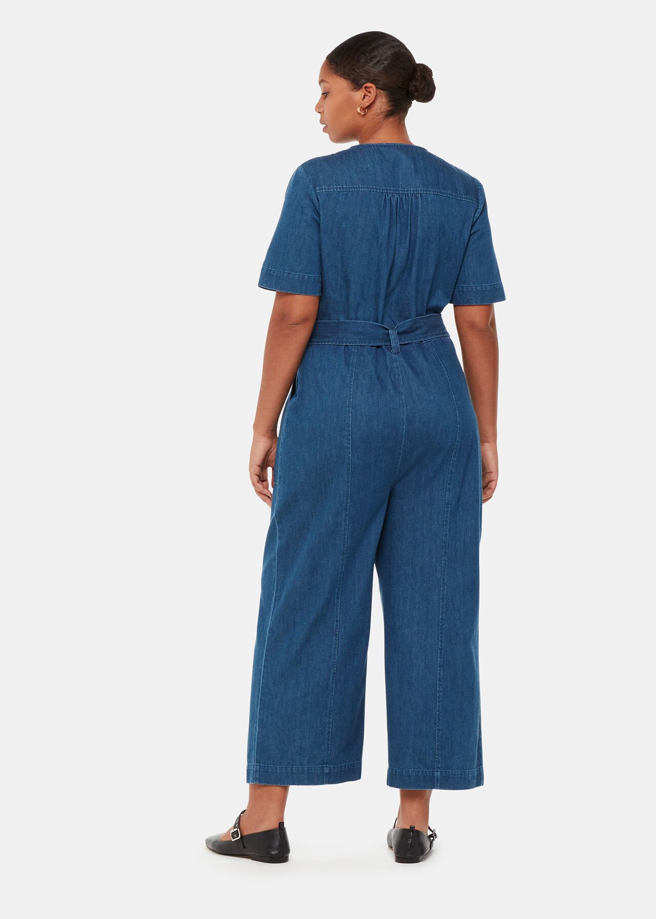 Blue Denim Short Sleeve Front Zip Jumpsuit Whistles AU Whistles AU