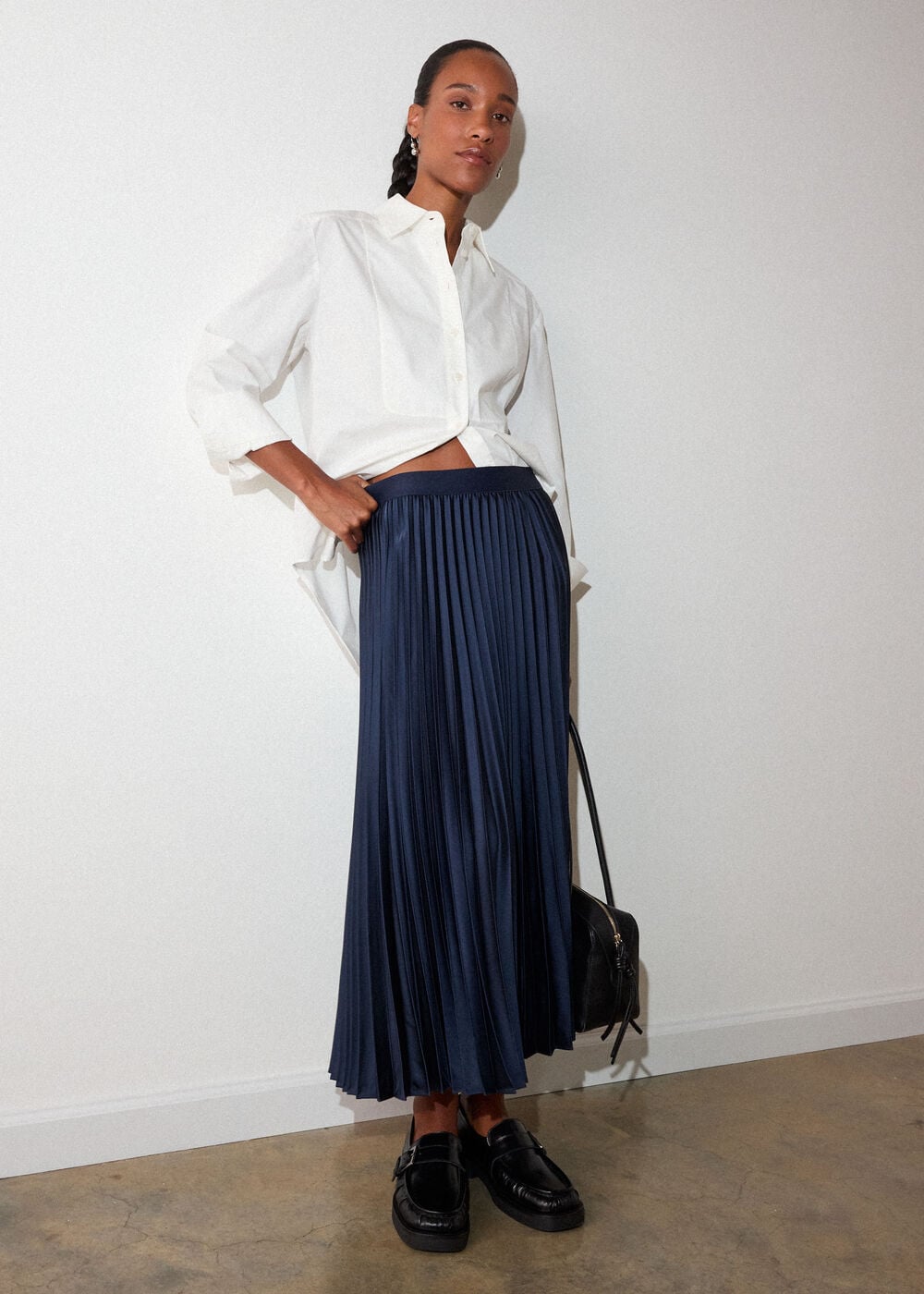 Navy Satin Pleated Midi Skirt