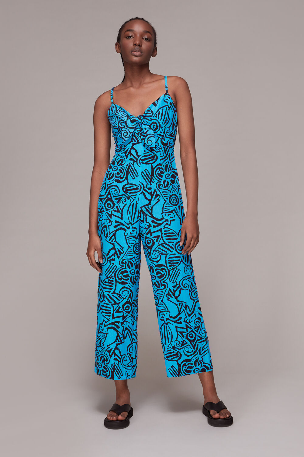 Blue Starflower Print Tie Jumpsuit