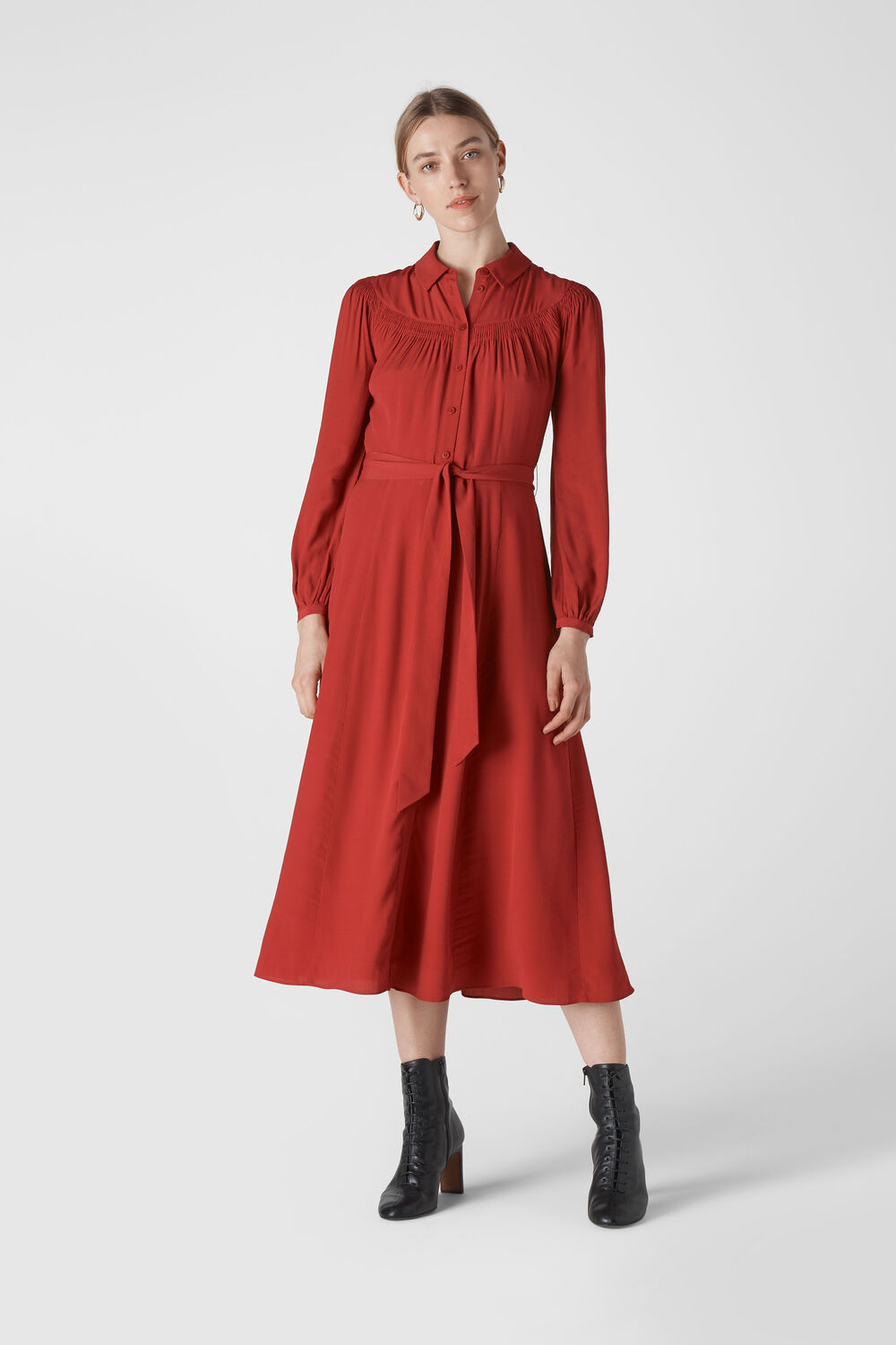 Smocked Yoke Shirt Dress Red