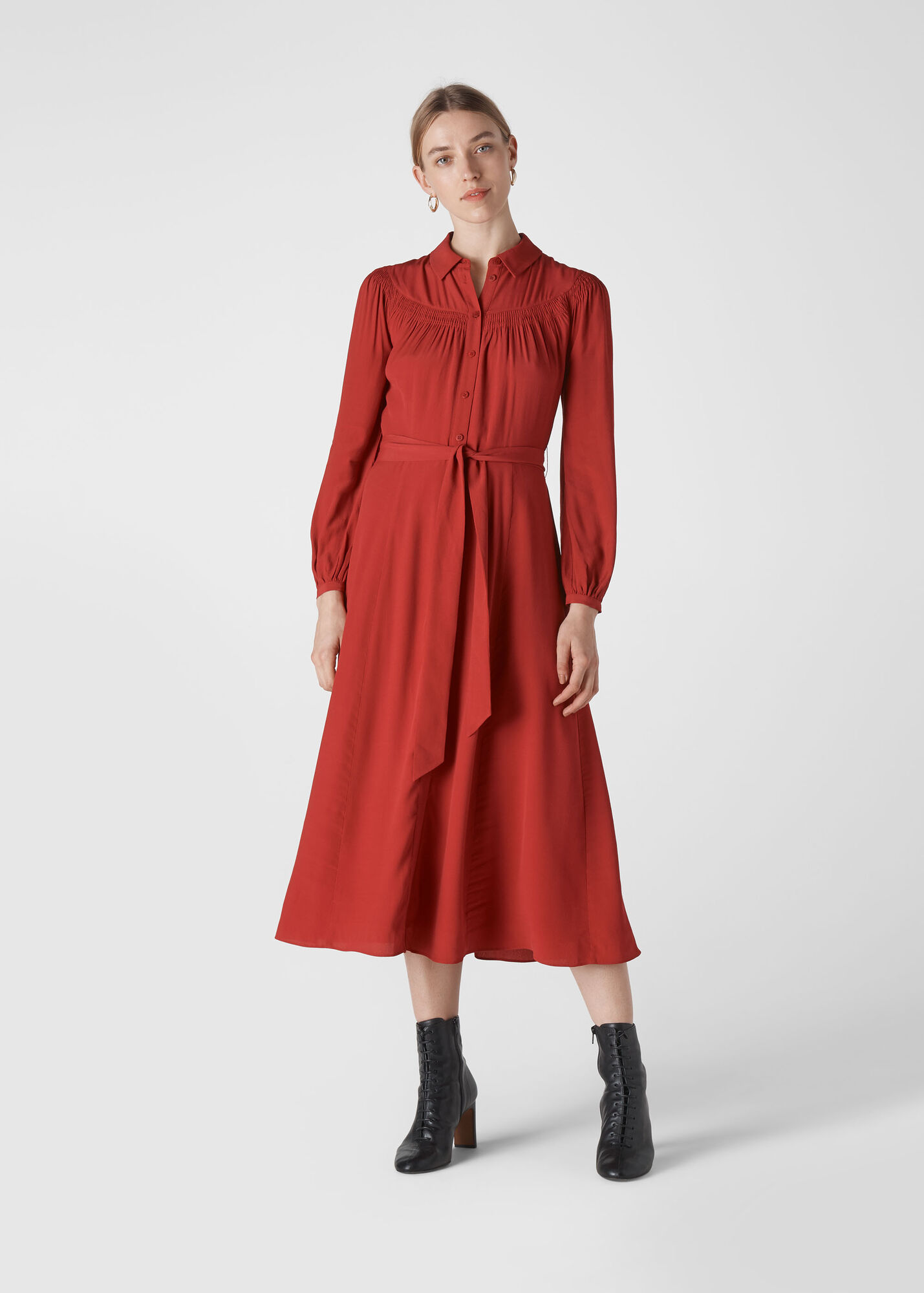 Red Smocked Yoke Shirt Dress | WHISTLES