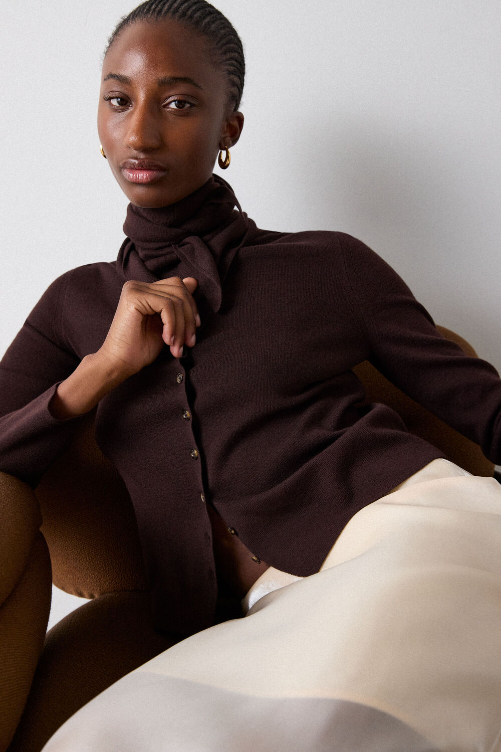 Chocolate Crew Neck Scarf Cardigan