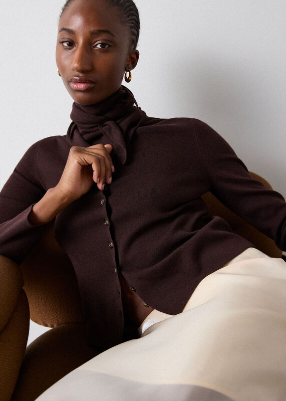 Chocolate Crew Neck Scarf Cardigan