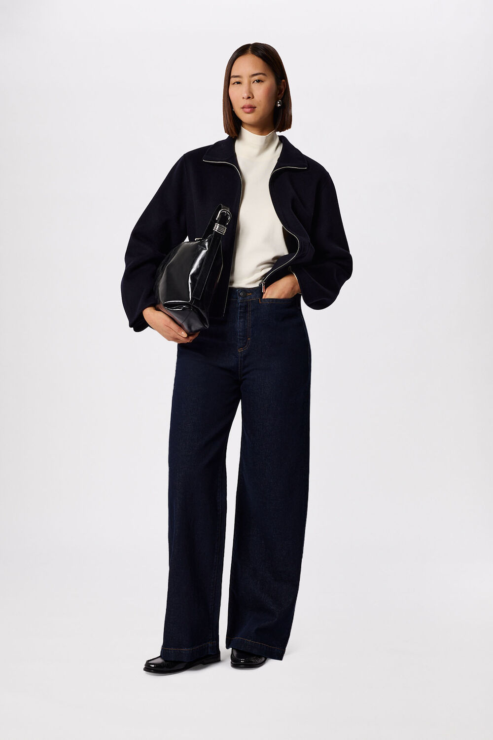 Navy Funnel Neck Double Face Jacket
