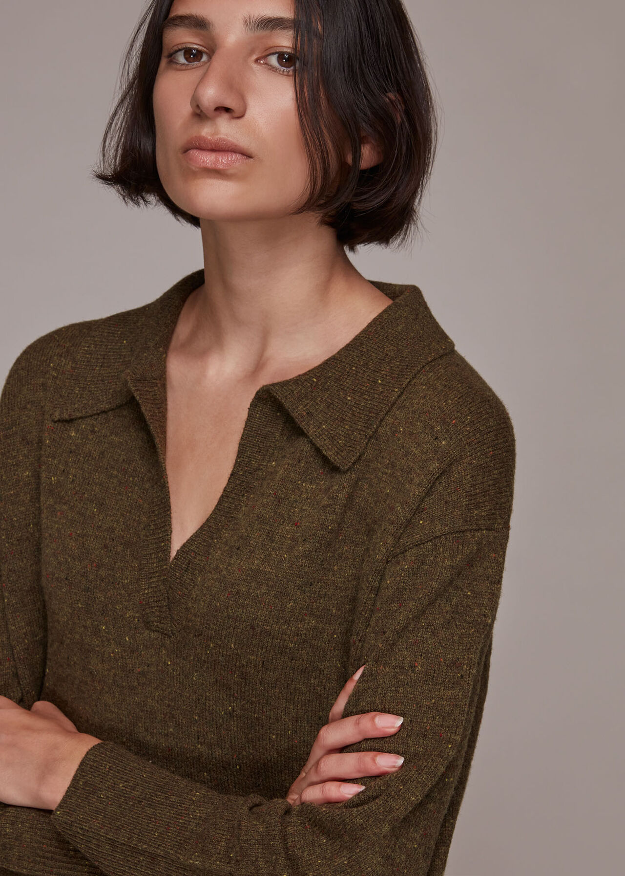 Khaki Collar Midi Knit Dress | WHISTLES