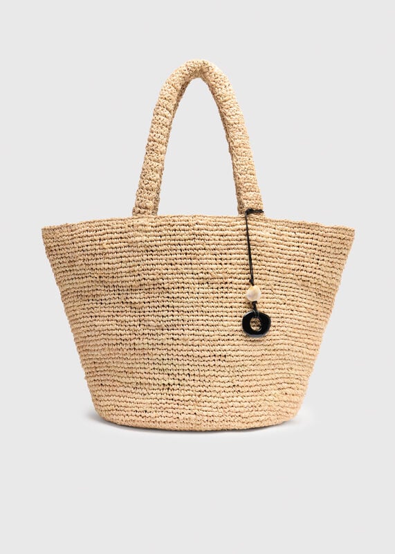Neutral Straw Tote Bag With Charm