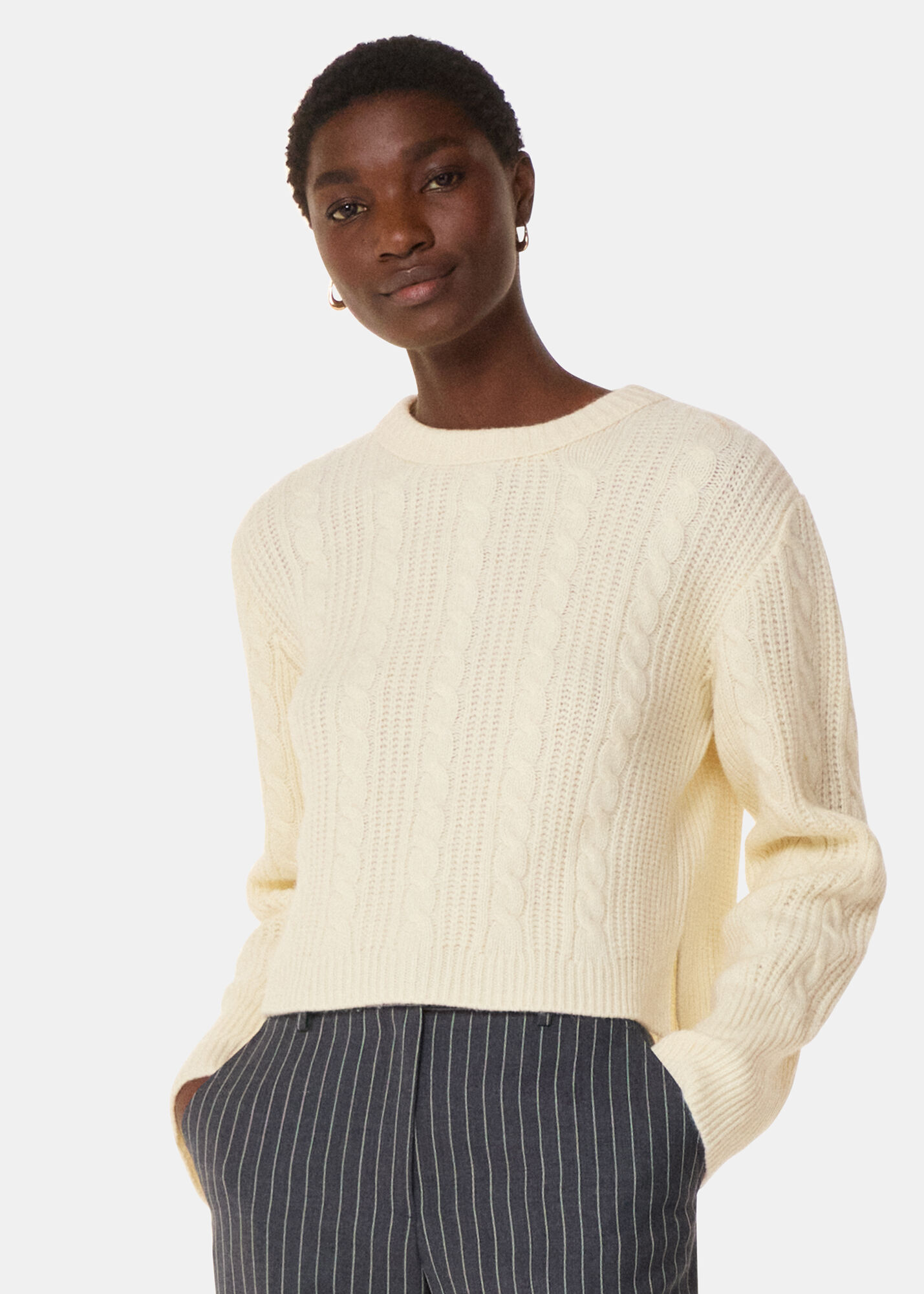 Women's Ivory Cable Detail Crew Neck Sweater | Whistles US |