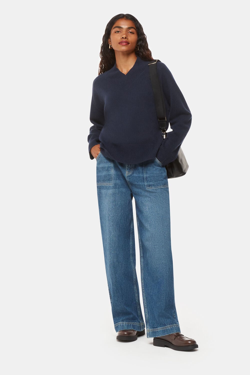 Navy Petite Cashmere V Neck Sweater