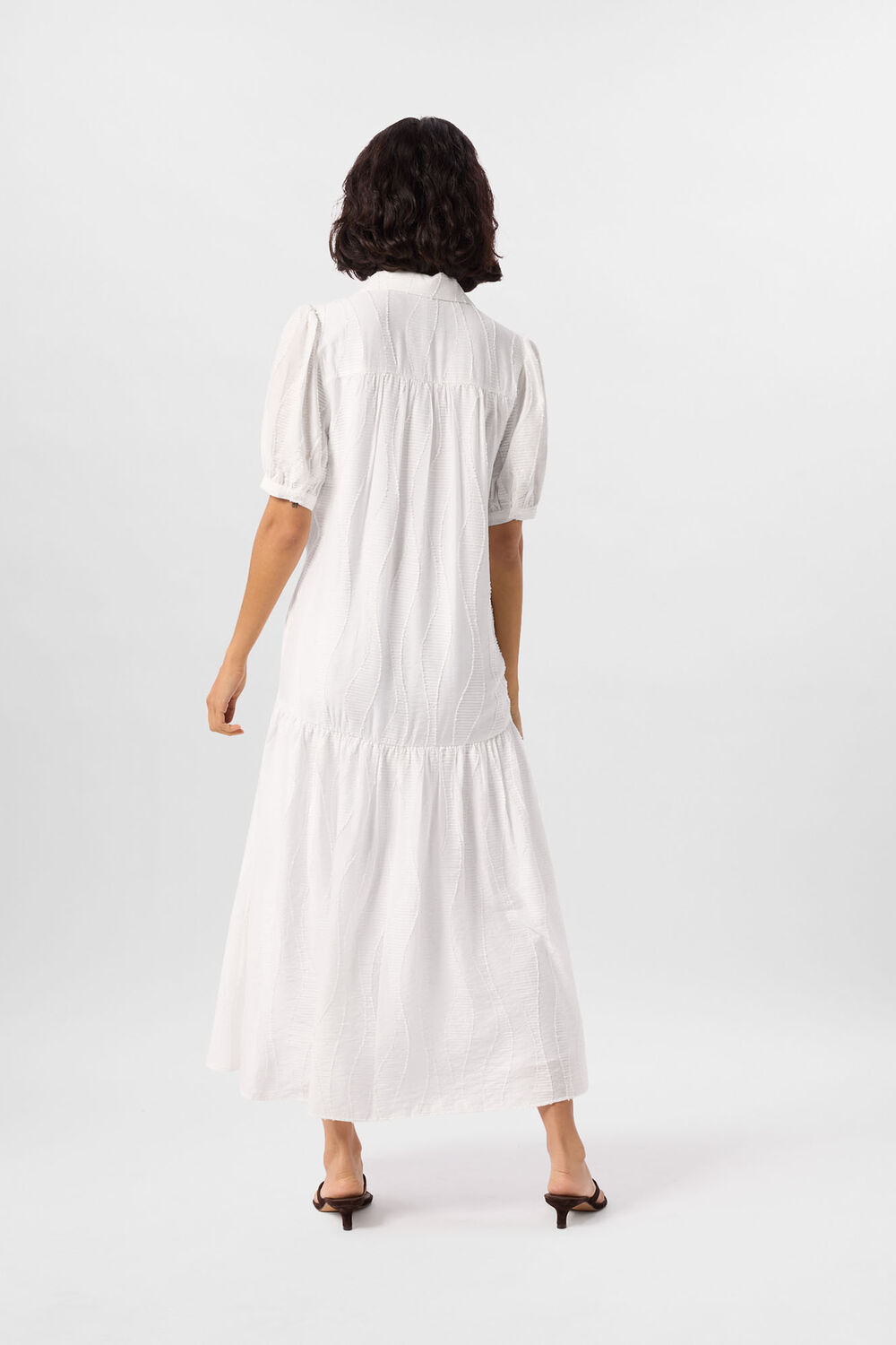 White Textured Drop Waist Midi Dress