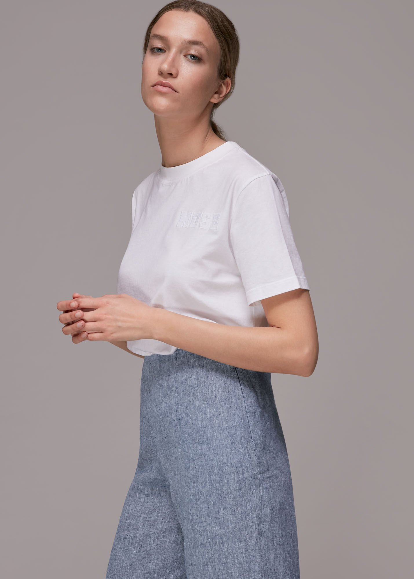 Chambray cropped clearance trousers