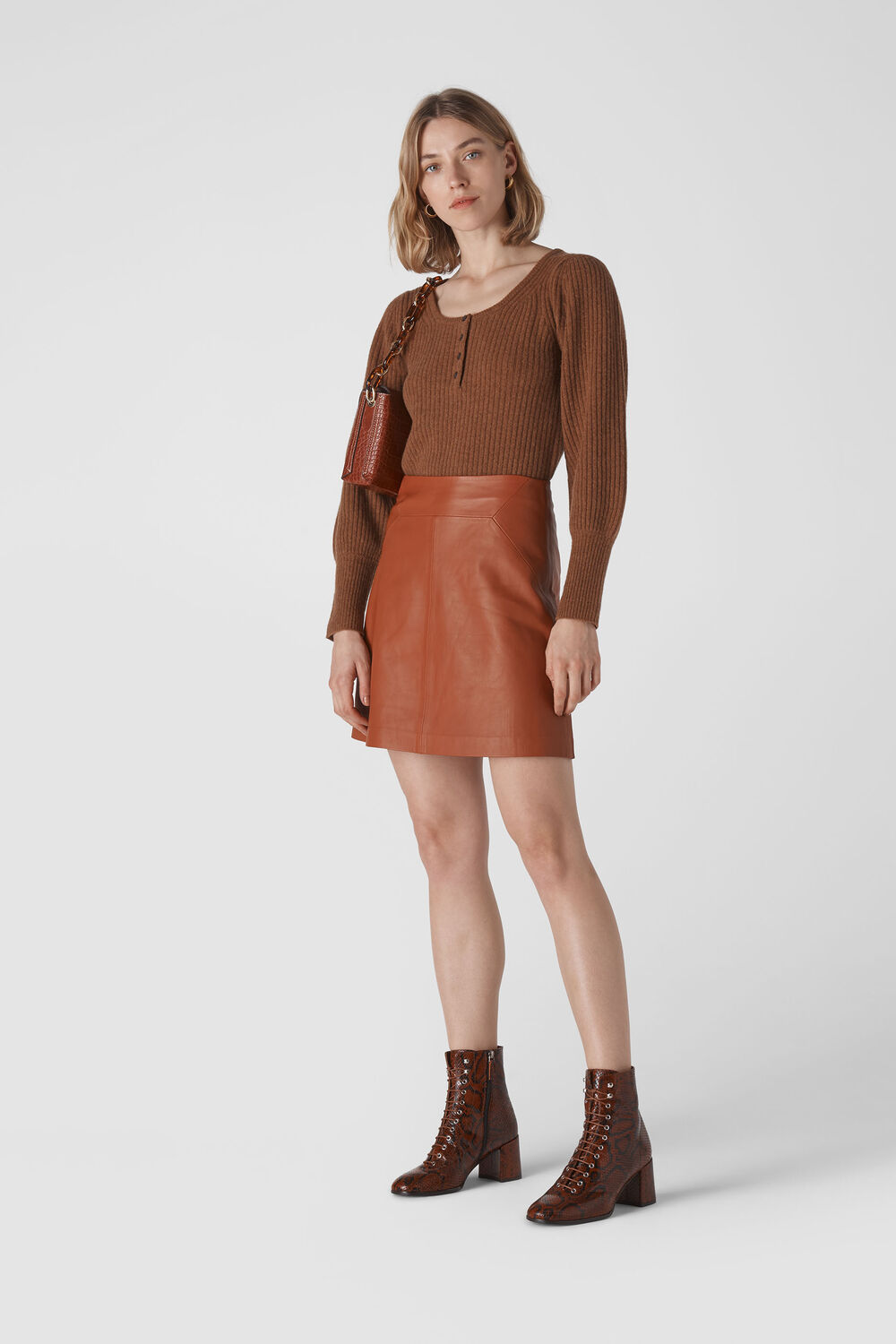 Leather A Line Skirt Rust