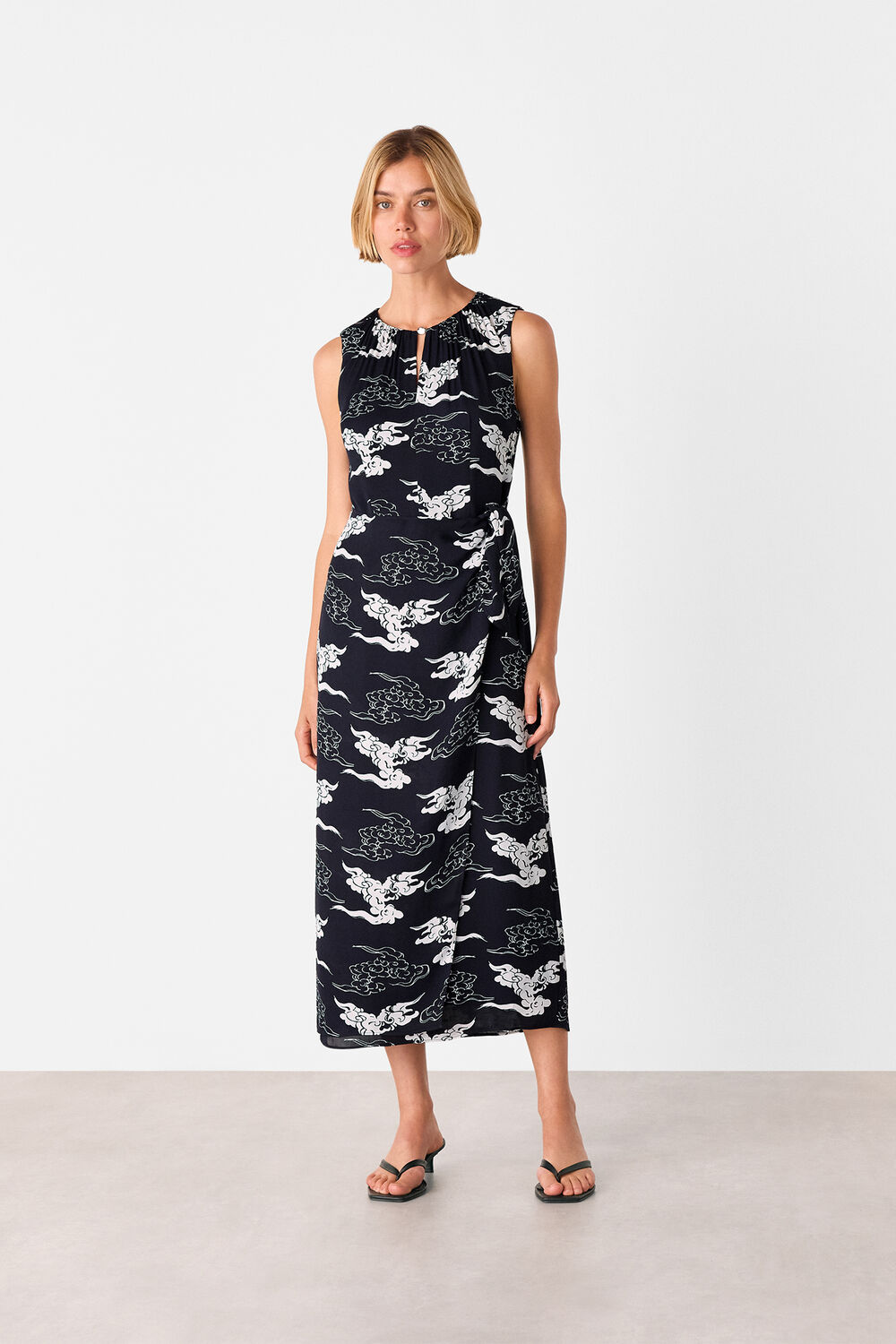 Navy Cloud Tie Waist Midi Dress