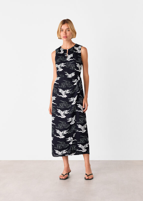 Navy Cloud Tie Waist Midi Dress