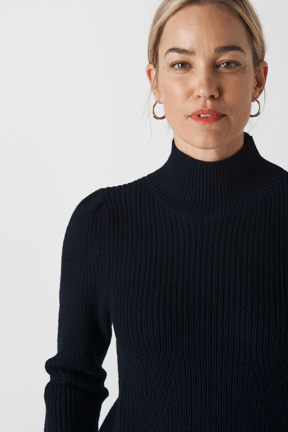 Puff Sleeve Roll Neck Knit Navy