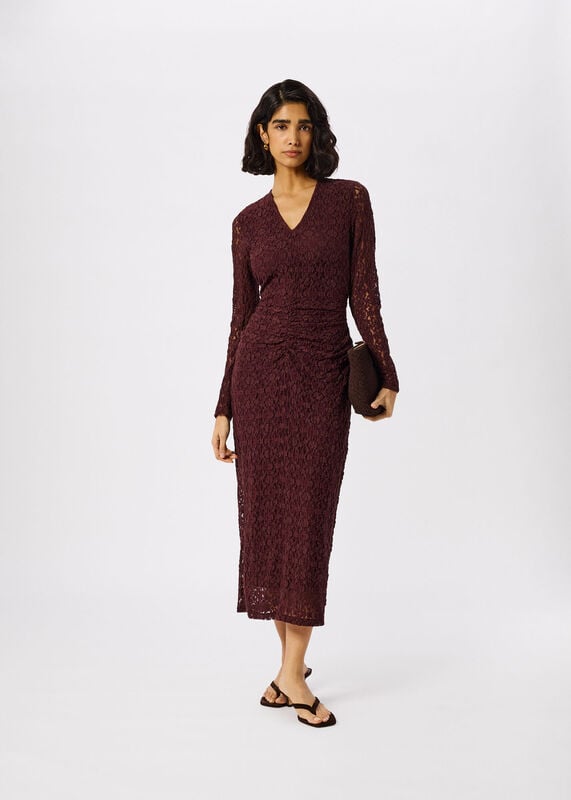 Burgundy Ruched Bodice Lace Dress