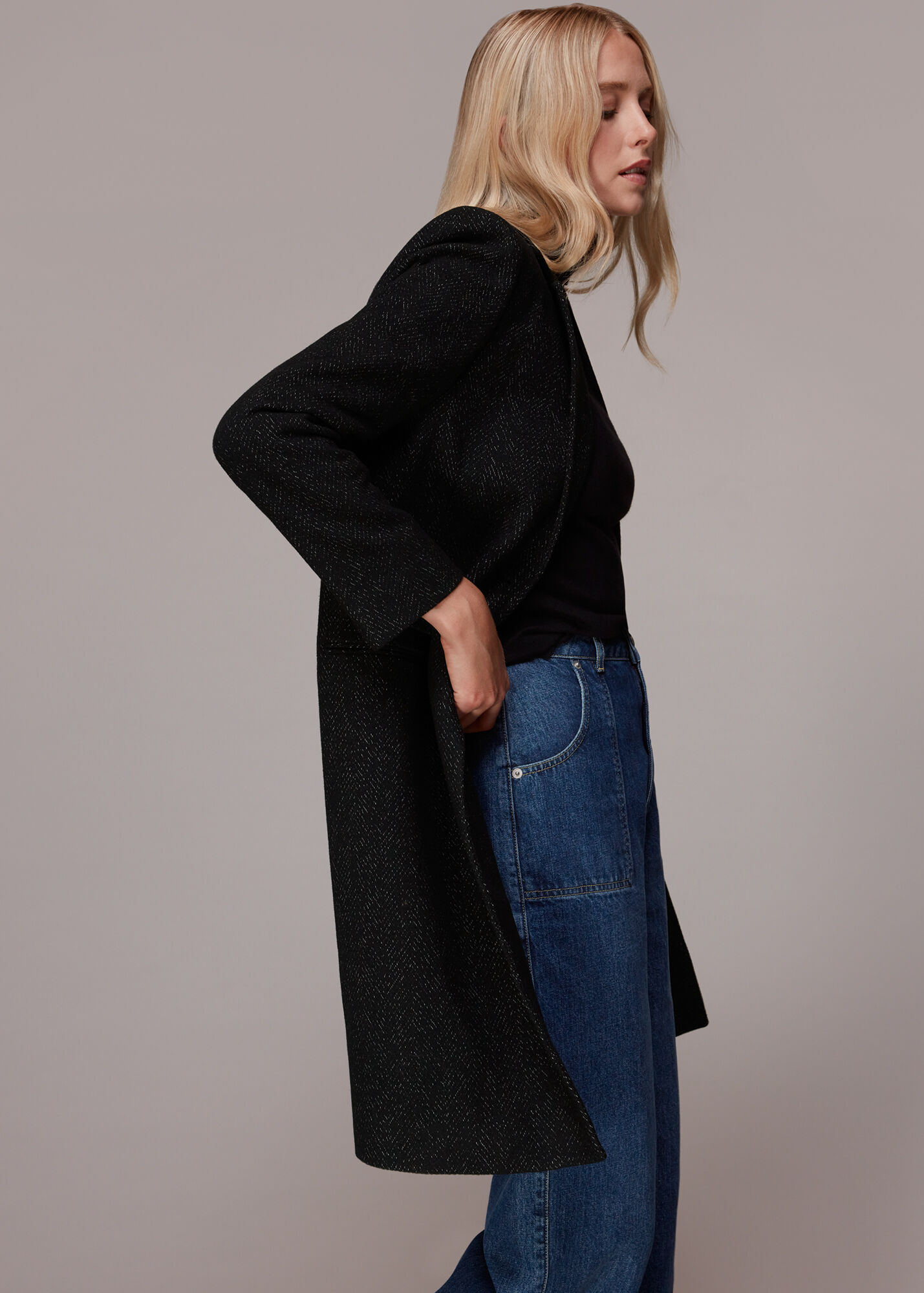 Black Wool Flecked Slimline Coat | WHISTLES