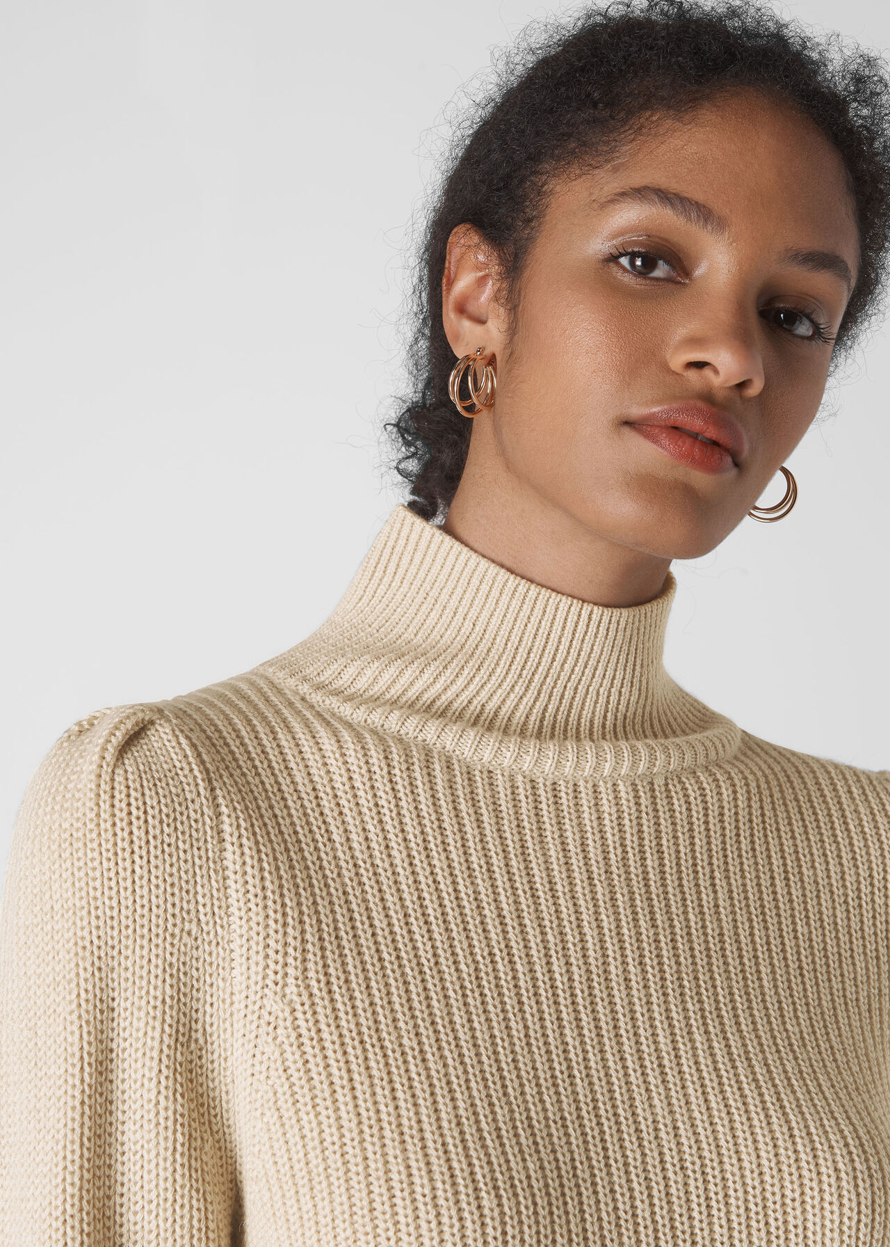 Oatmeal Puff Sleeve Roll Neck | WHISTLES | Whistles UK