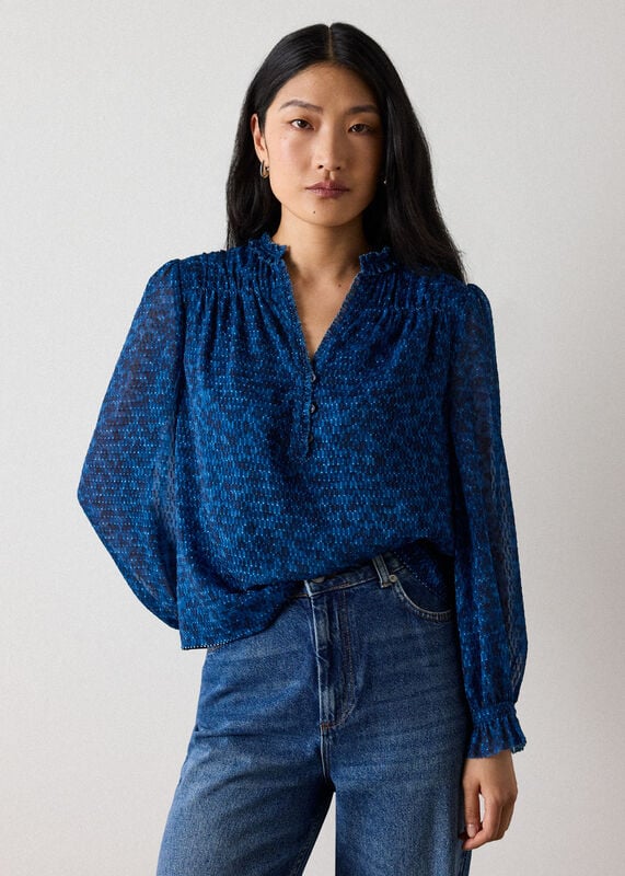 Blue Floral Textured V Neck Blouse