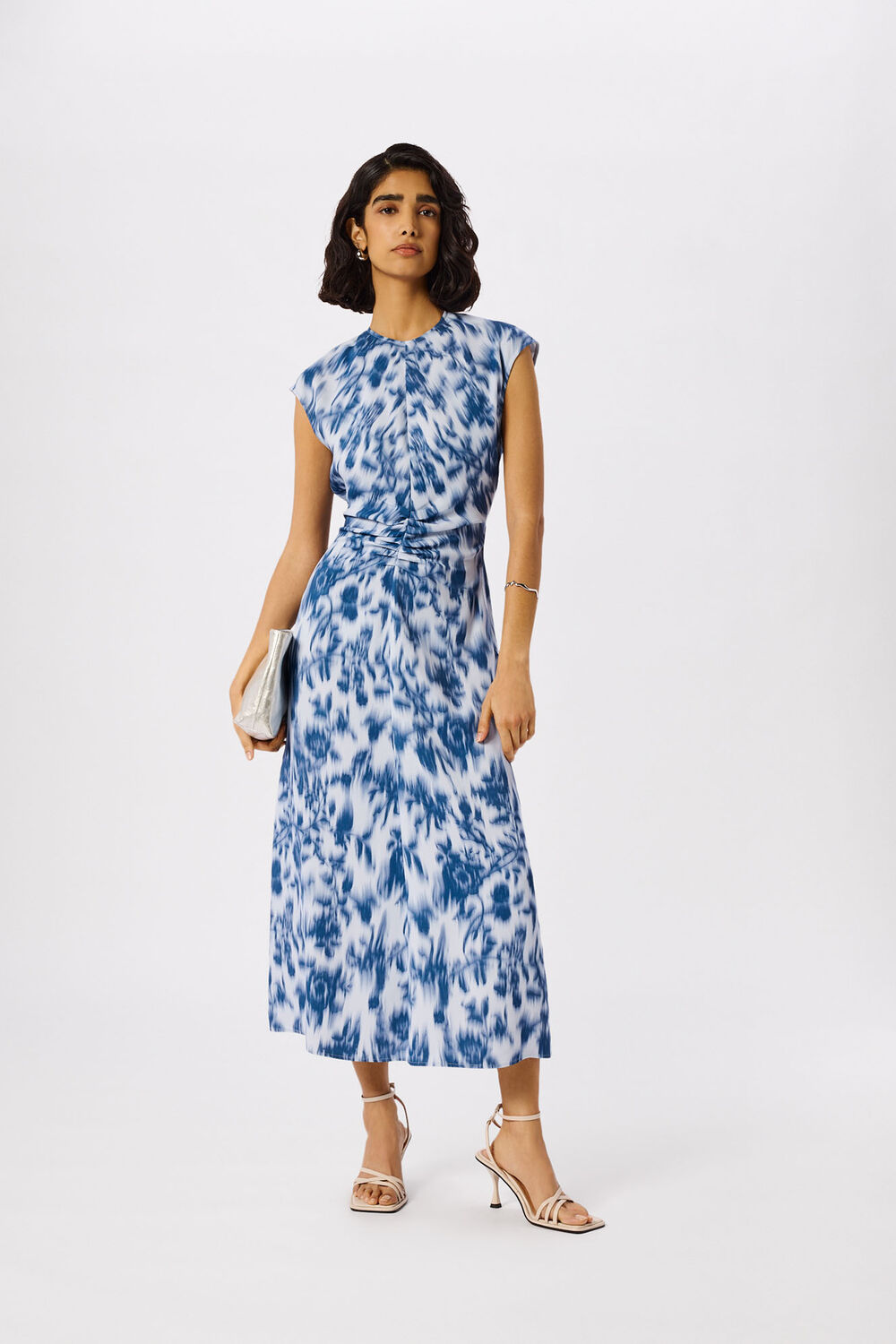 Blue Blurred Floral Crepe Dress