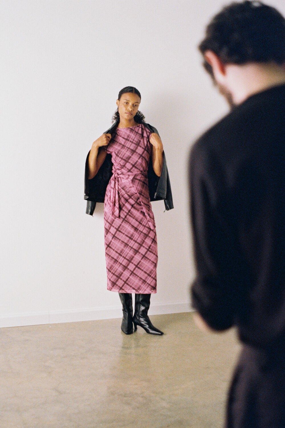 Check Mesh Midi Dress