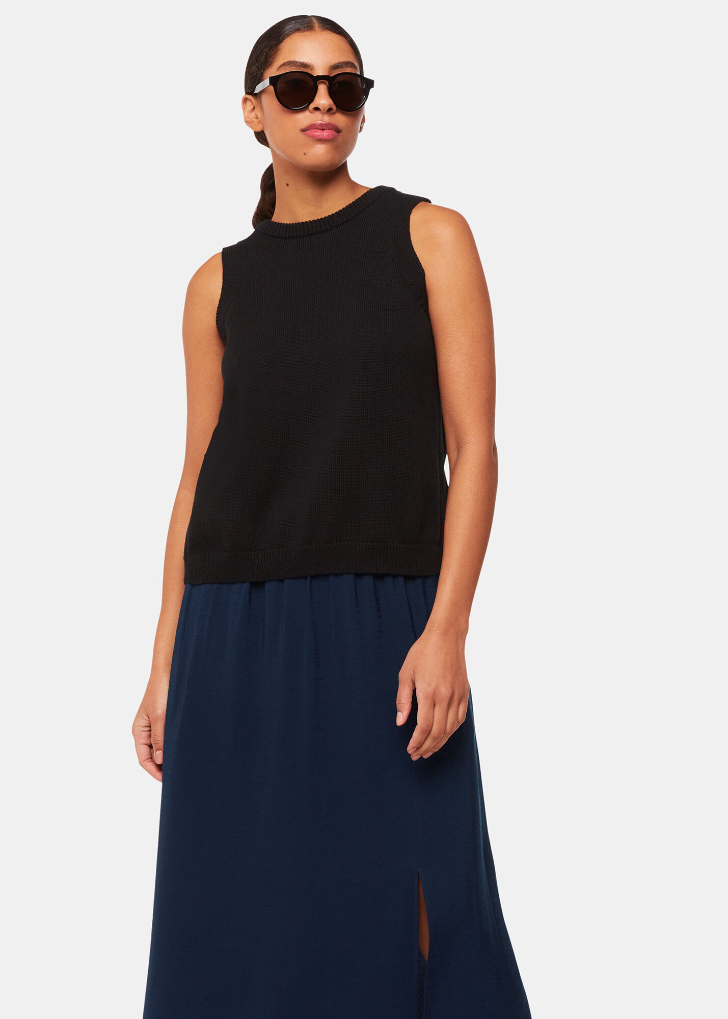 Navy cotton elastic waist skirt with back slit main image 0