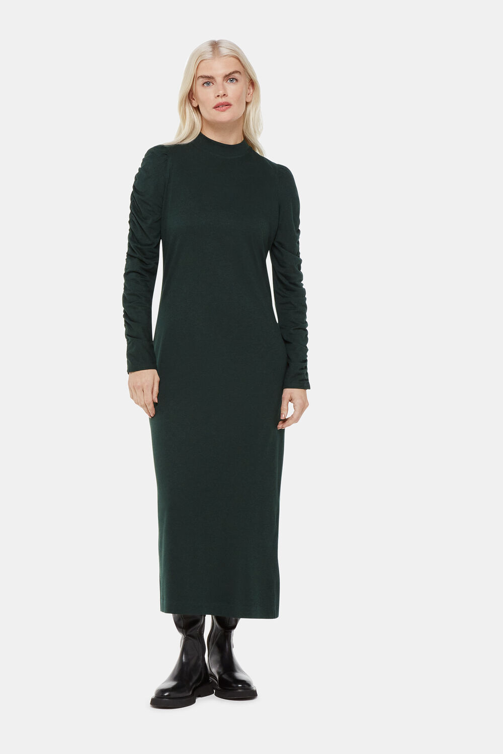 Dark Green Petite Ruched Sleeve Jersey Dress
