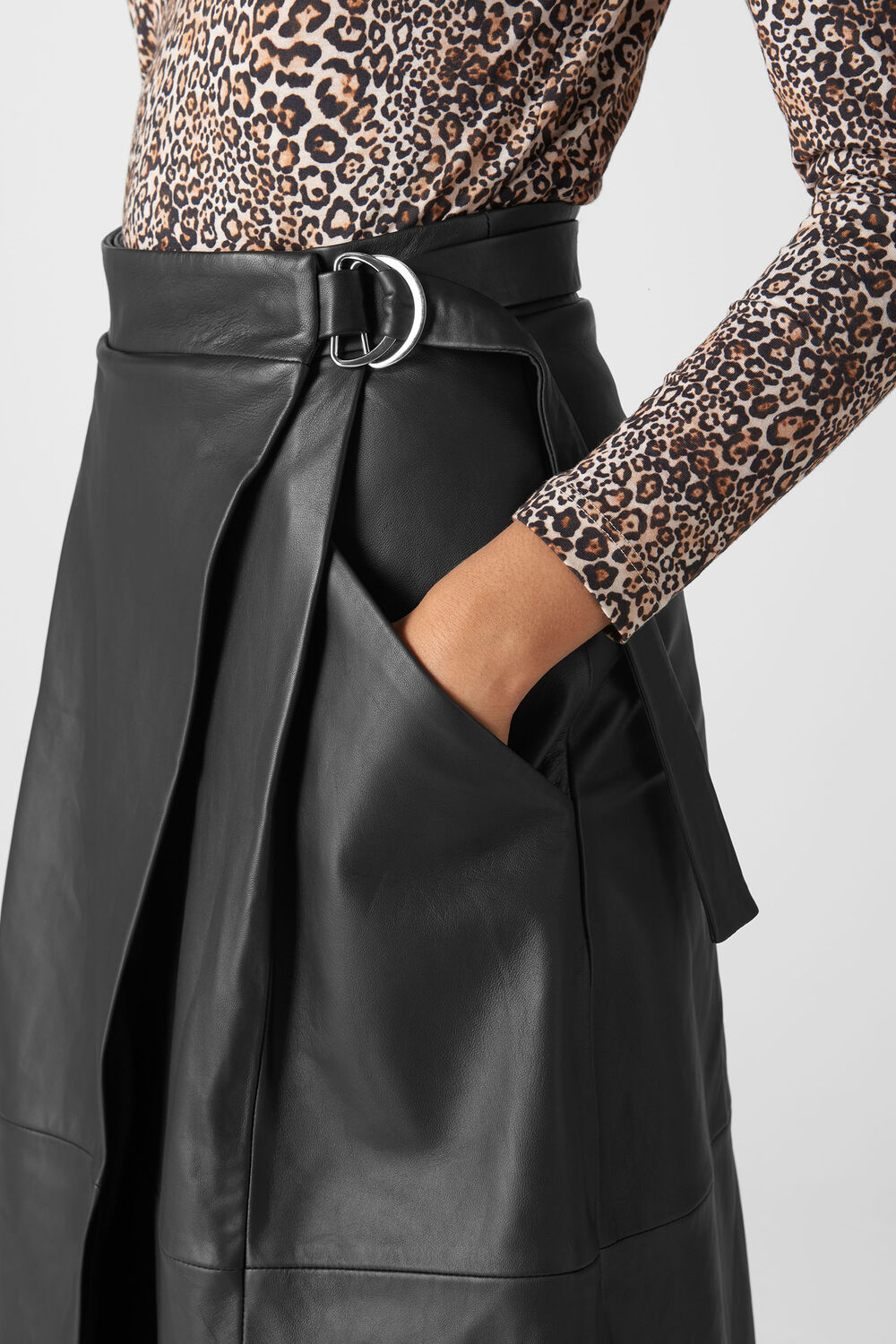 Wrap Leather Midi Skirt