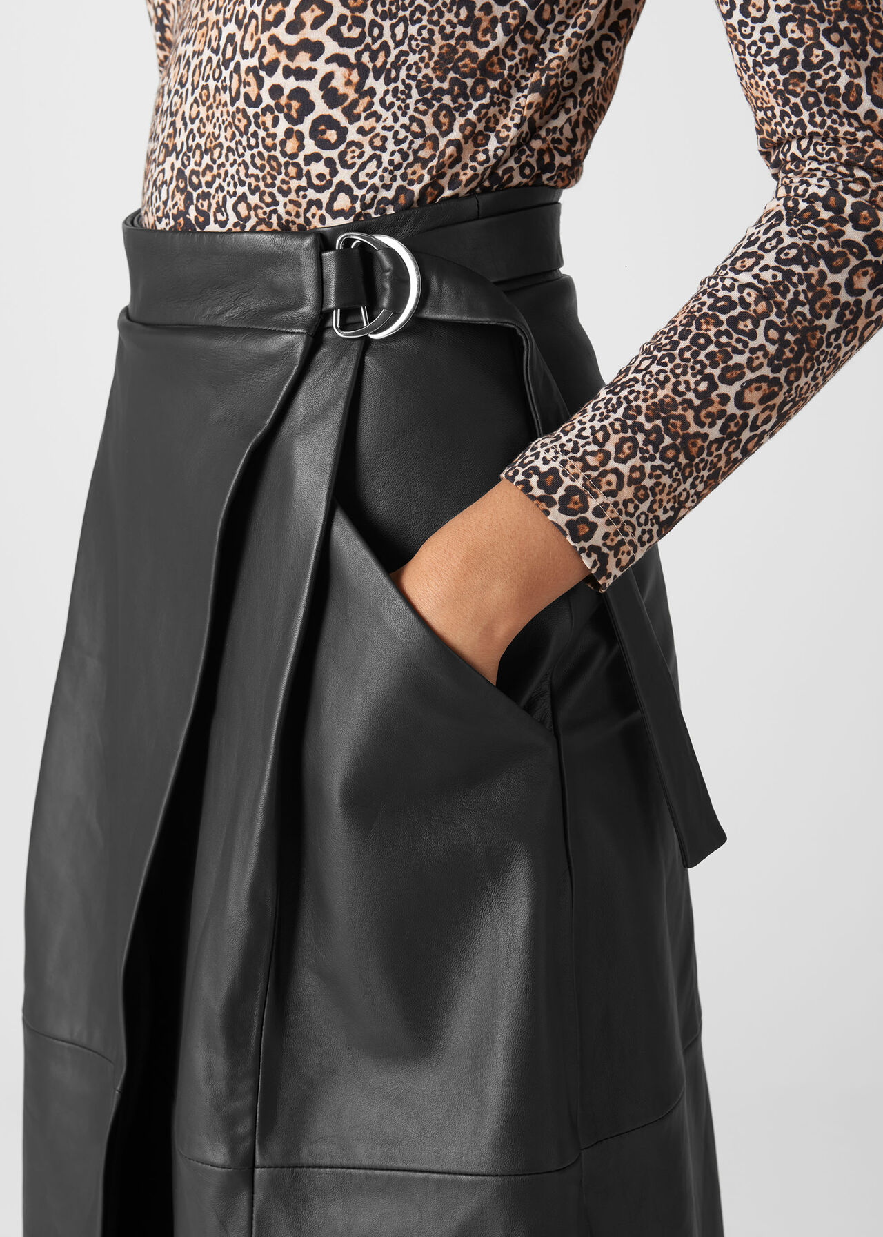 Leather Wrap Midi Skirt Black