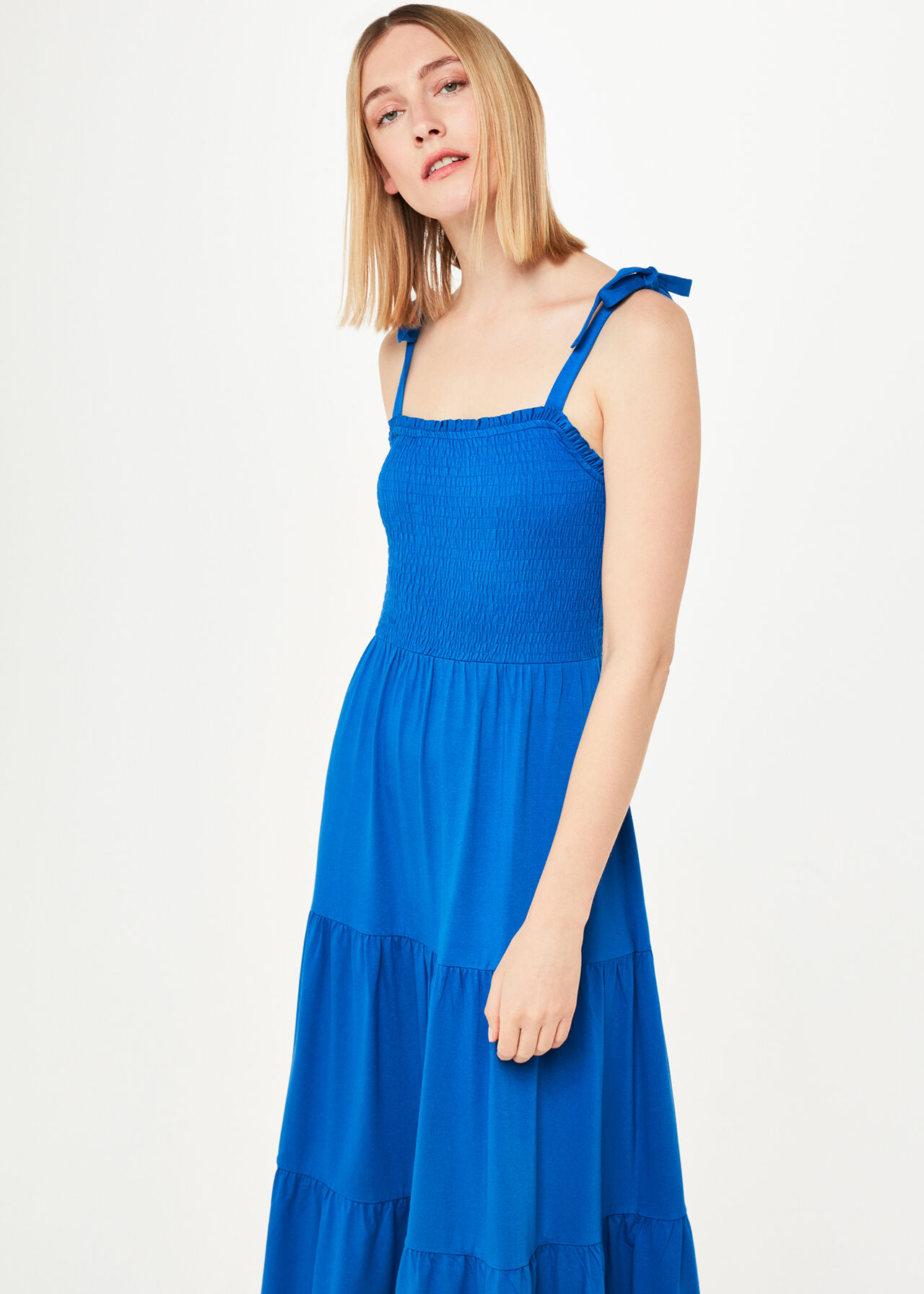Blue Smocked Tiered Jersey Dress | WHISTLES
