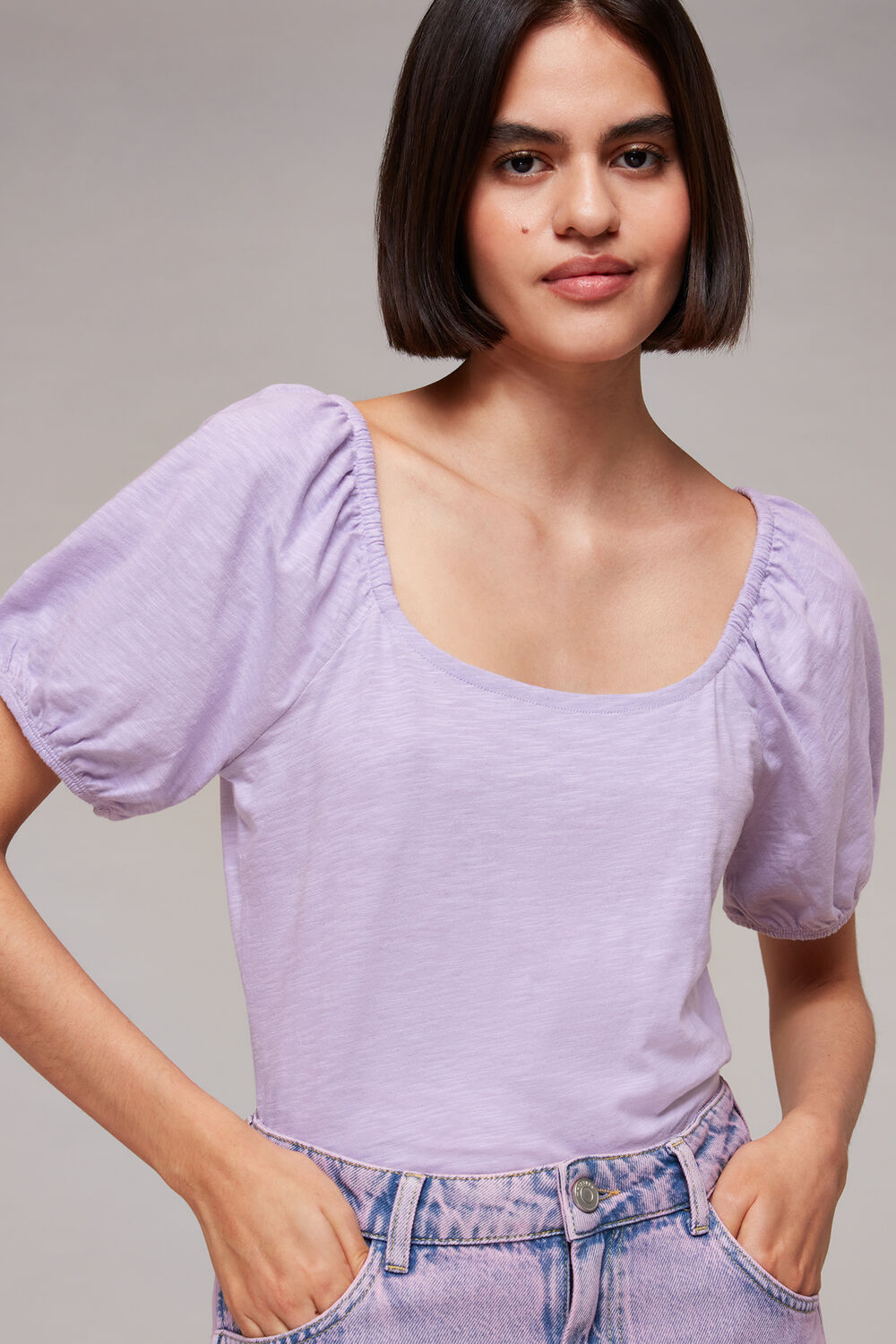 Lilac Square Neck Puff Sleeve Top