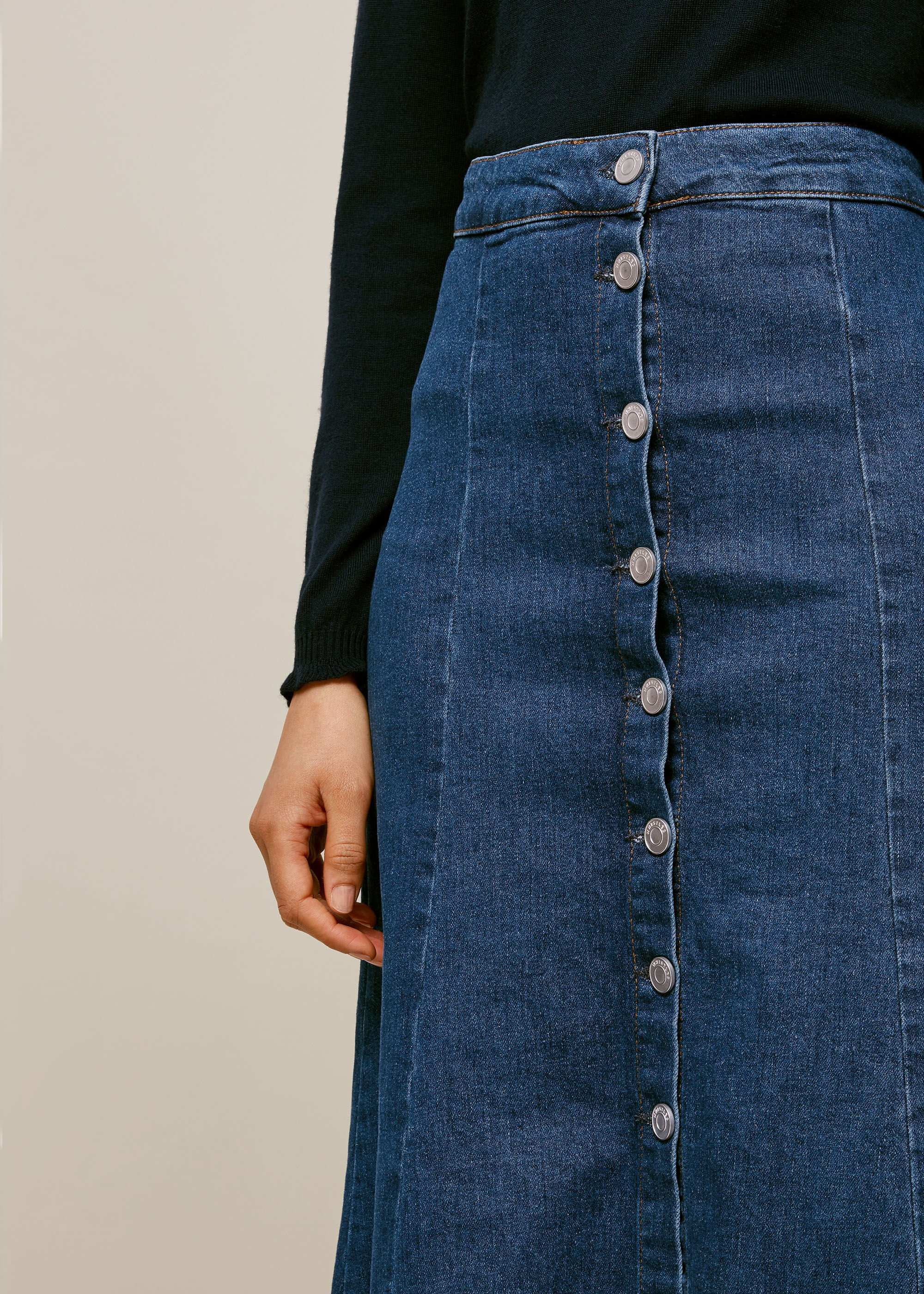 Button through outlet denim skirt