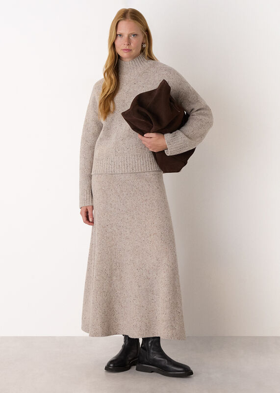 Neutral Wool Textured Midi Skirt