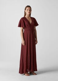 Woodblock Print Wrap Dress Burgundy