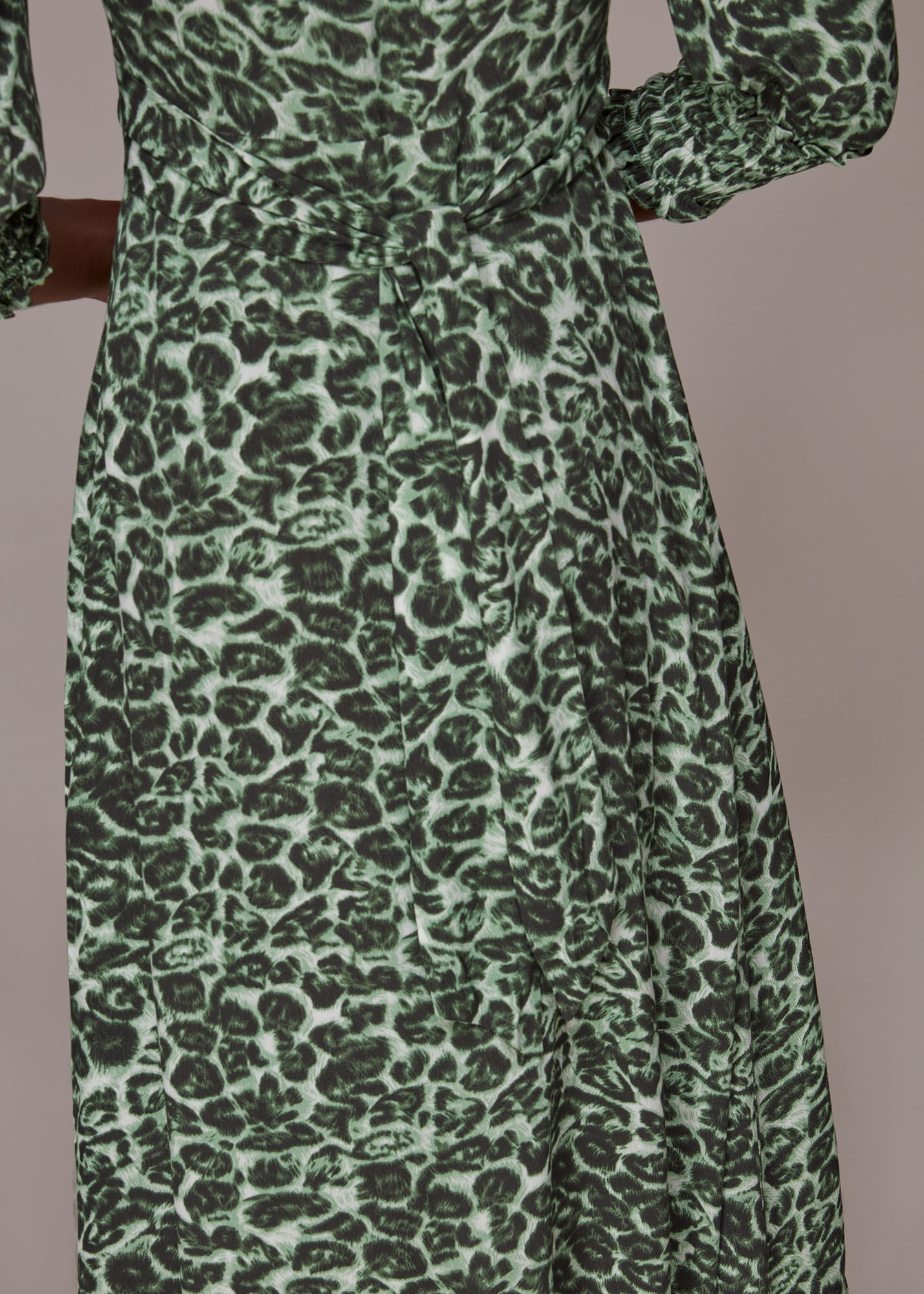 Green Clouded Leopard Shirred Dress