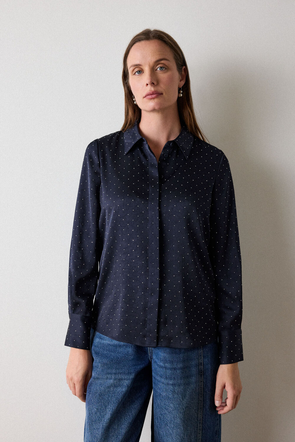 Navy Hot Fix Hammered Satin Shirt