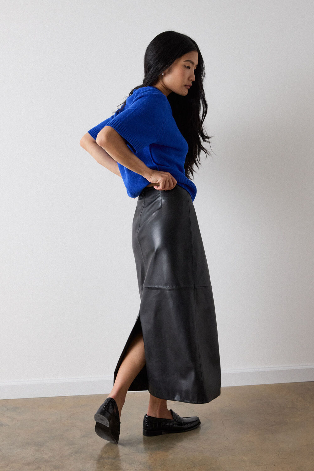 Black Pencil Leather Midi Skirt