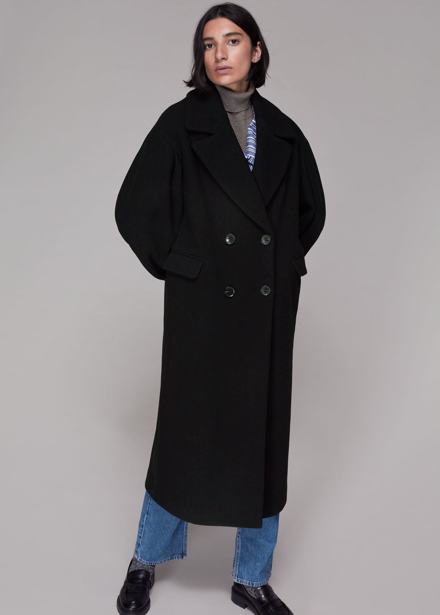 Black Indira Puff Sleeve Wool Coat | WHISTLES