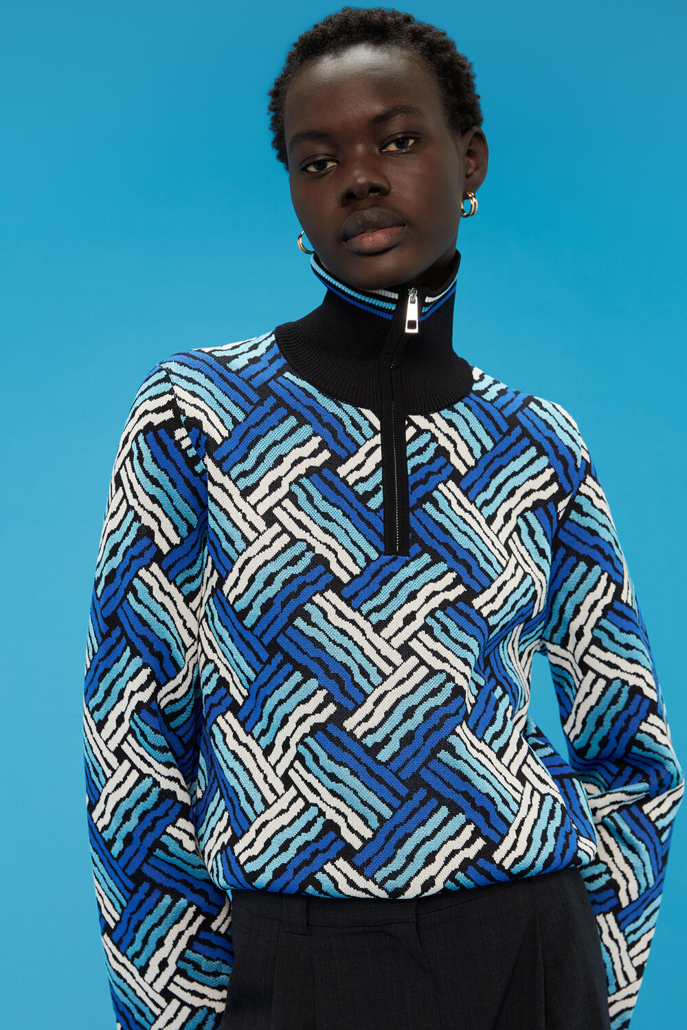 Jacquard Zip Neck Knit