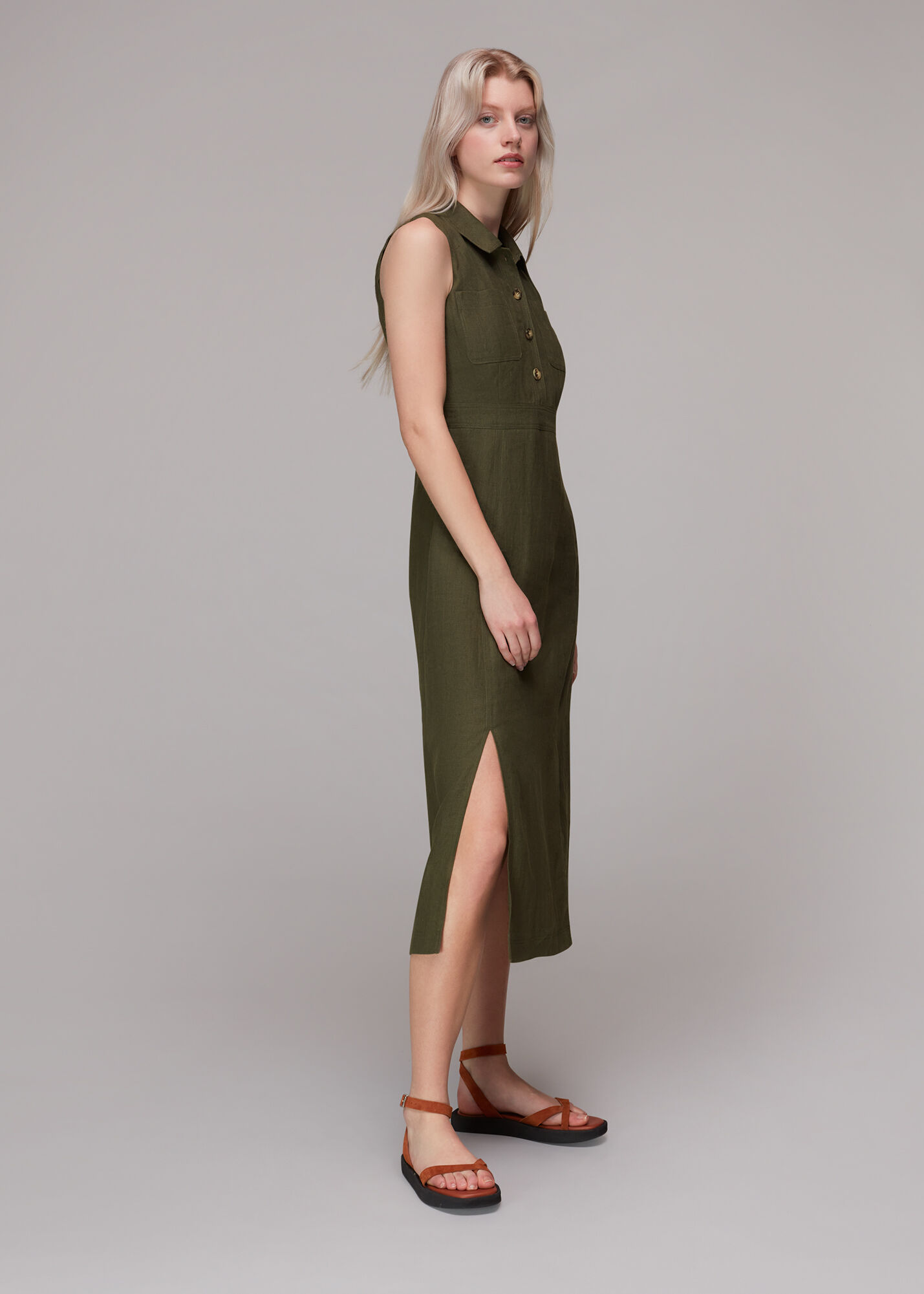 Khaki Molly Linen Midi Dress WHISTLES