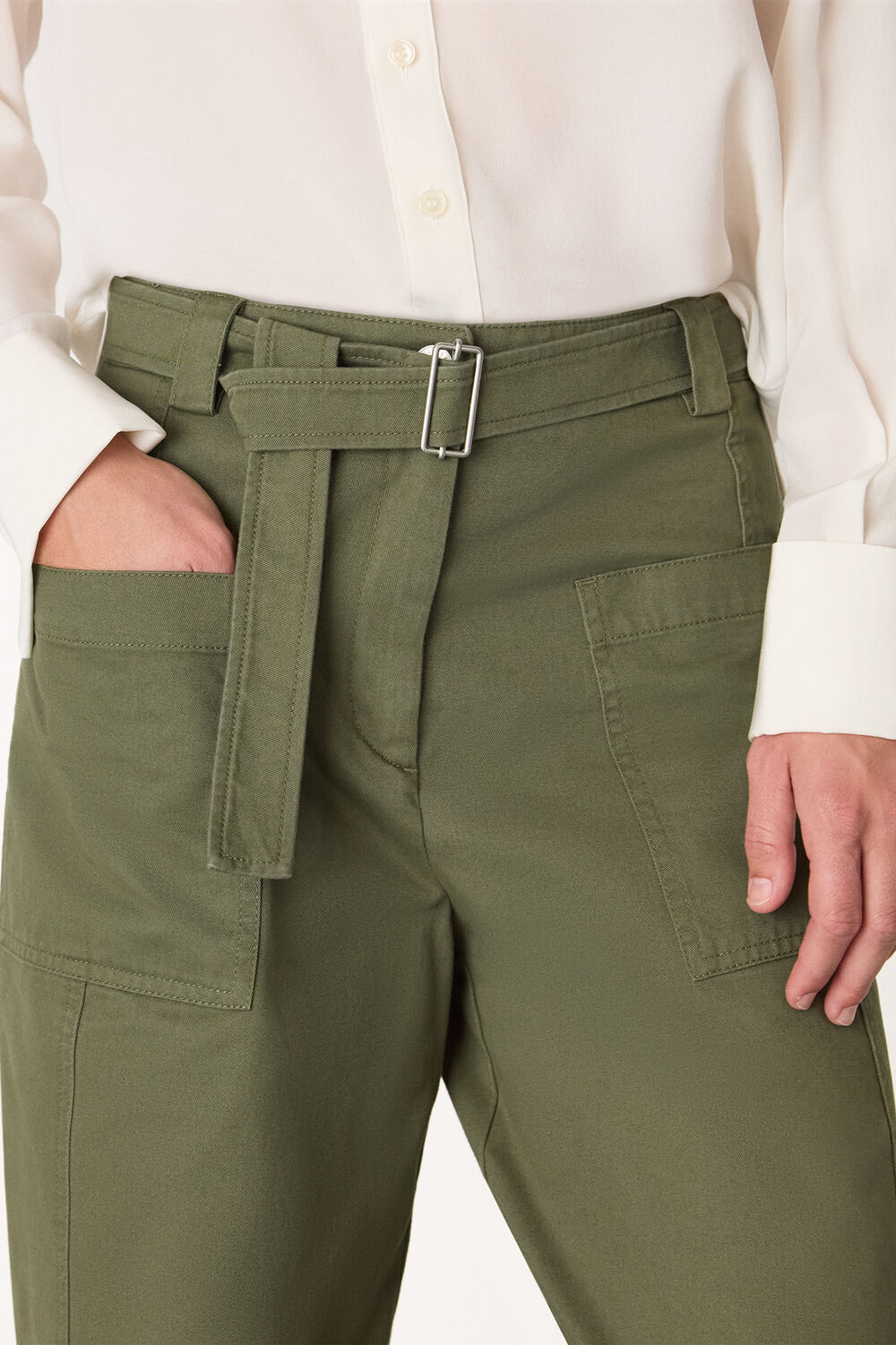 Khaki Belted Cotton Barrel Trouser
