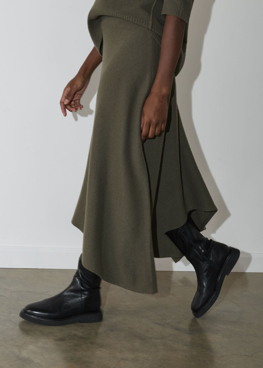 Khaki Asymmetric Hem Wool Knit Skirt
