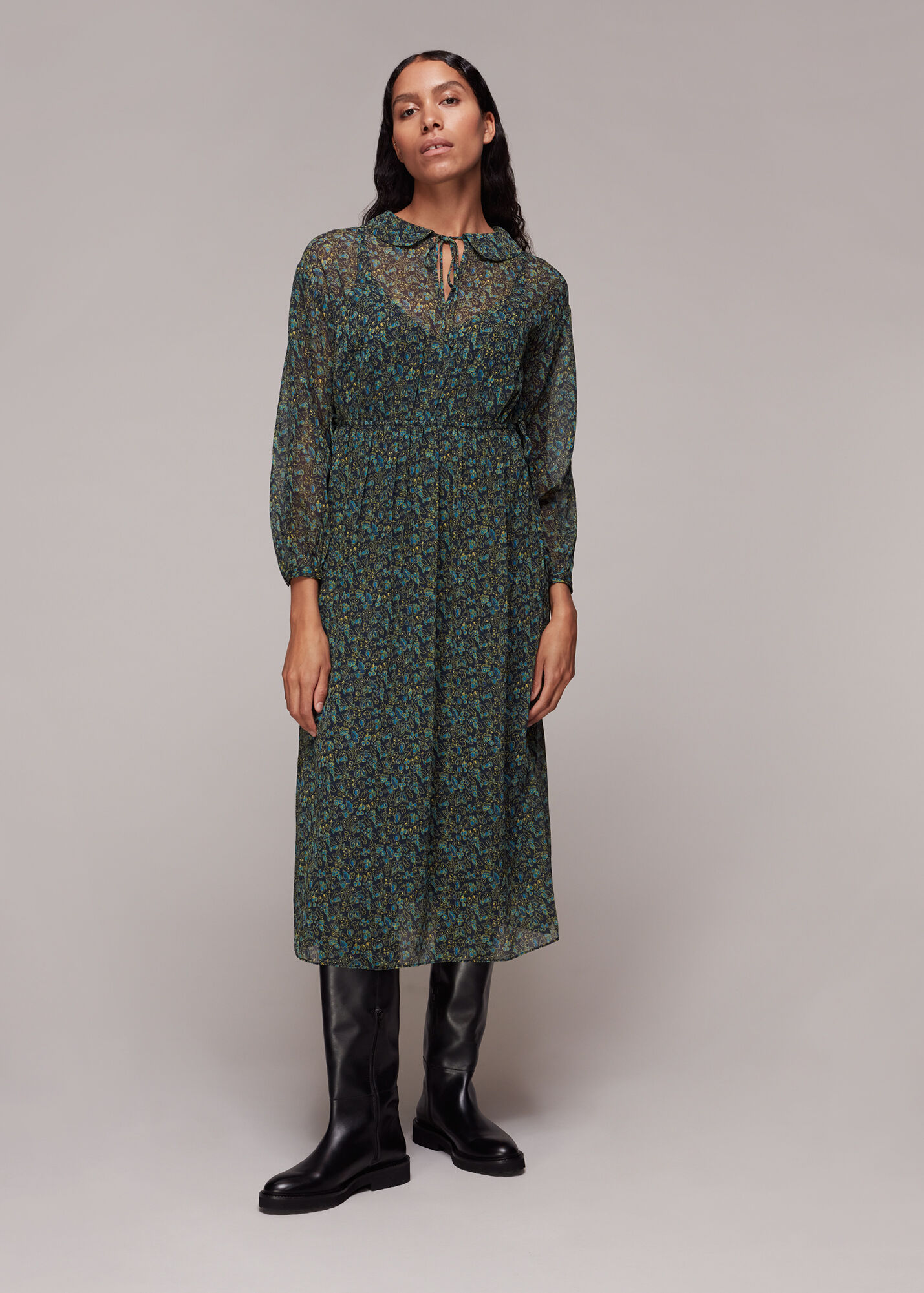 Green floral print midi dress discount