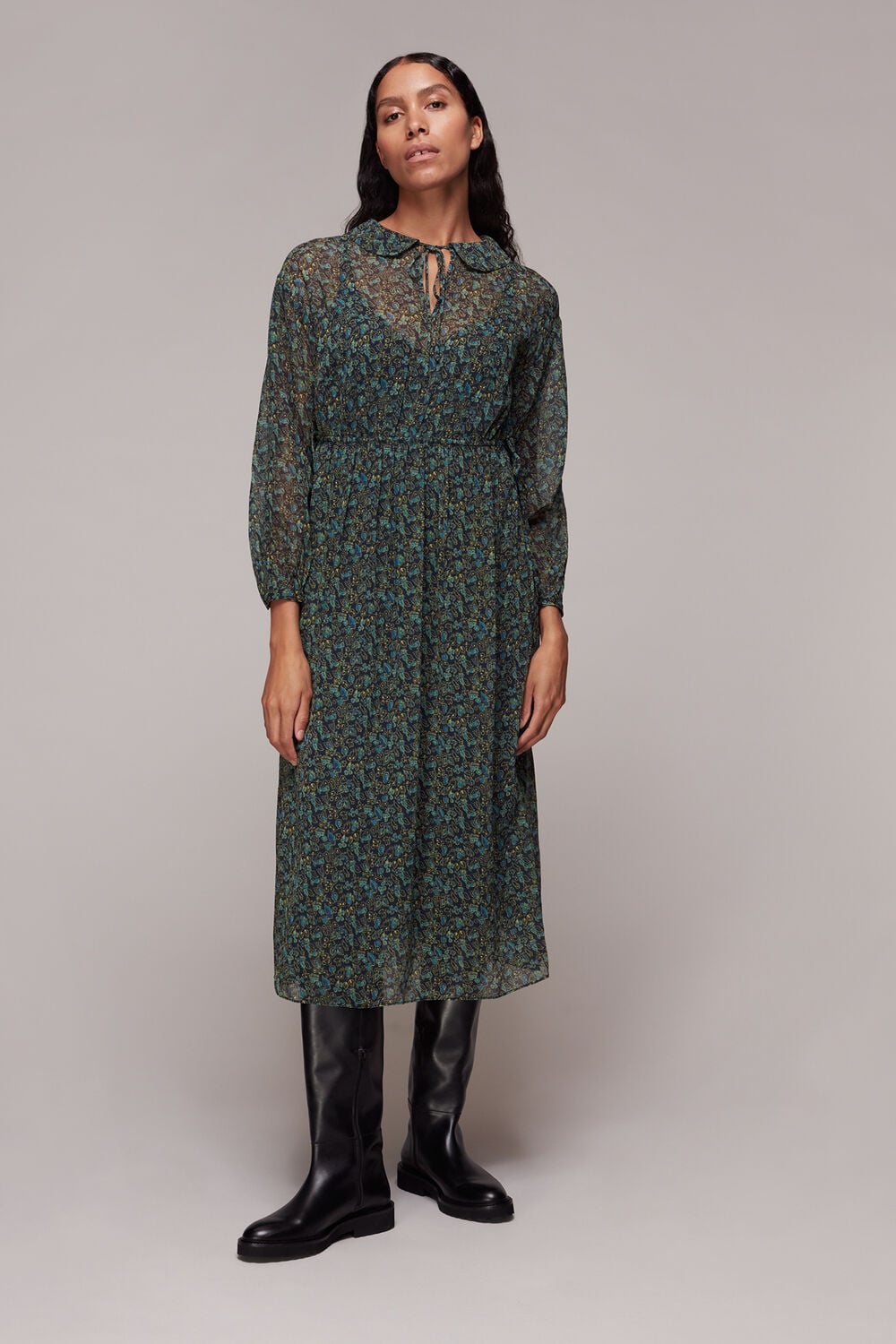 Green Stitch Floral Print Midi Dress