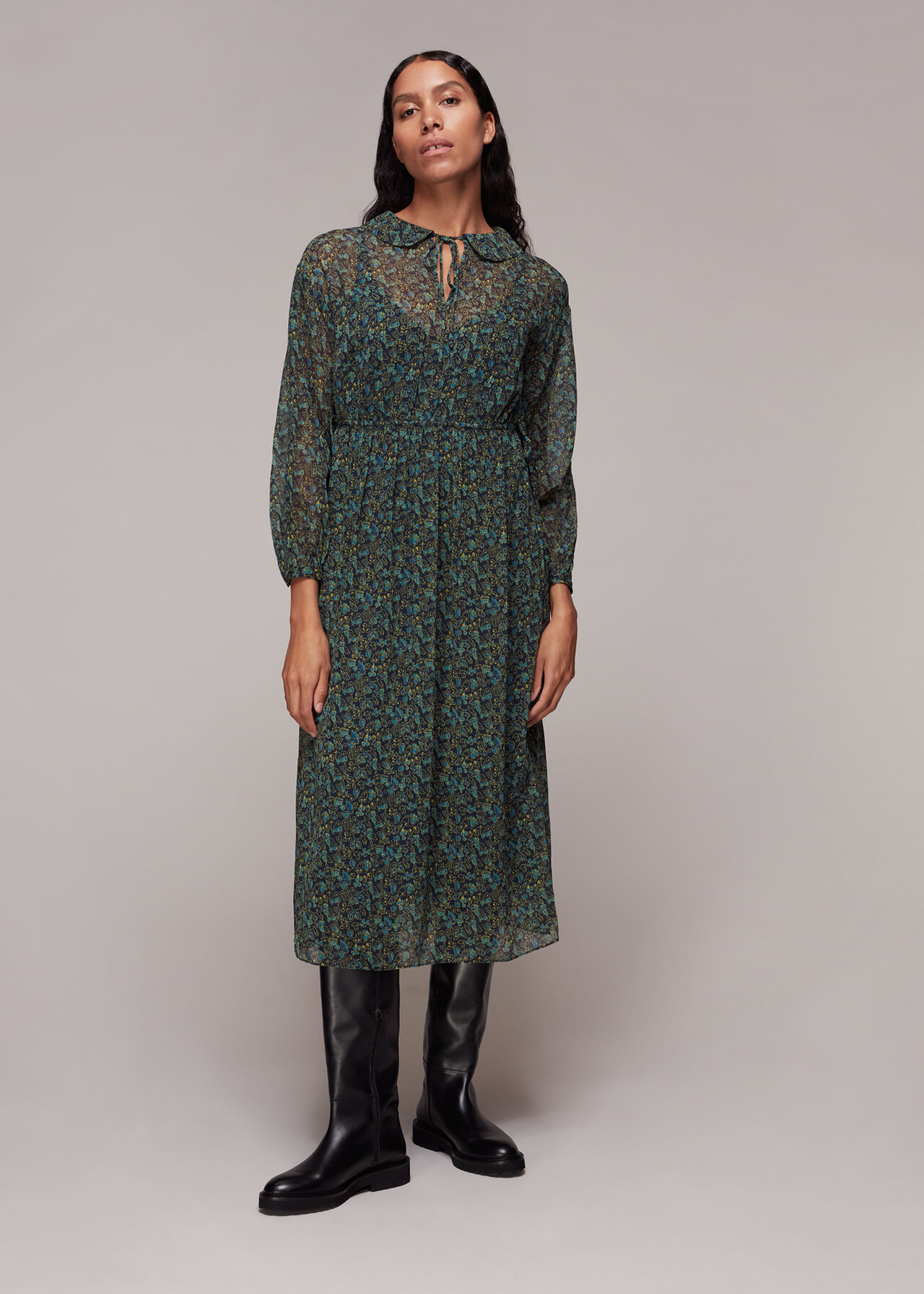 Green/Multi Stitch Floral Print Midi Dress | WHISTLES