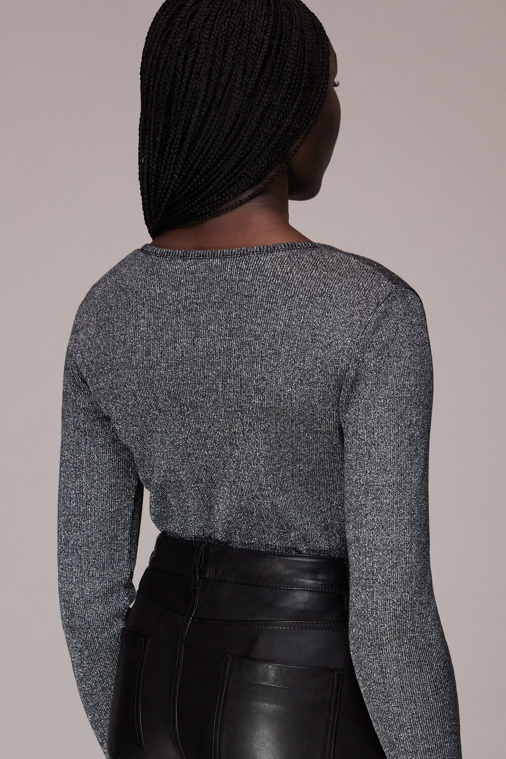 Black Long Sleeve Sparkle V Neck Top