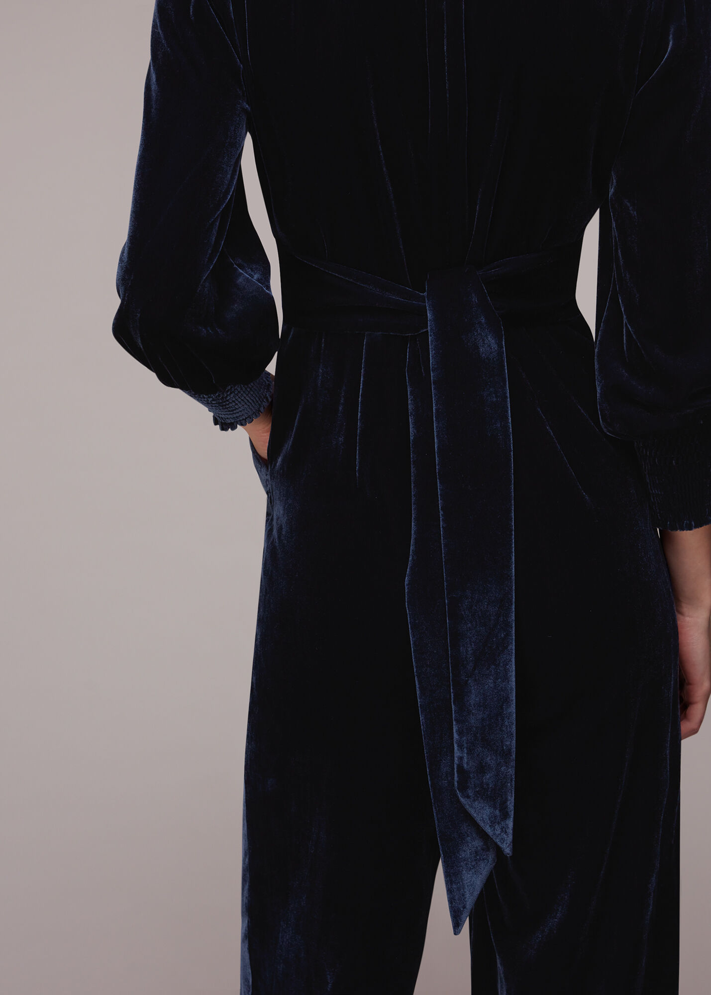 Navy Maisey Shirred Velvet Jumpsuit WHISTLES