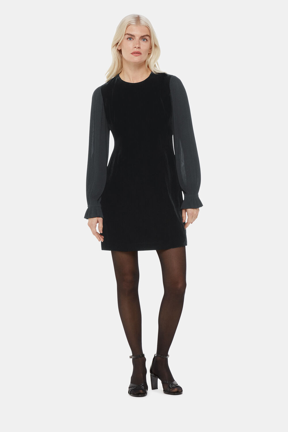 Black Petite Velvet Pleat Sleeve Mini Dress