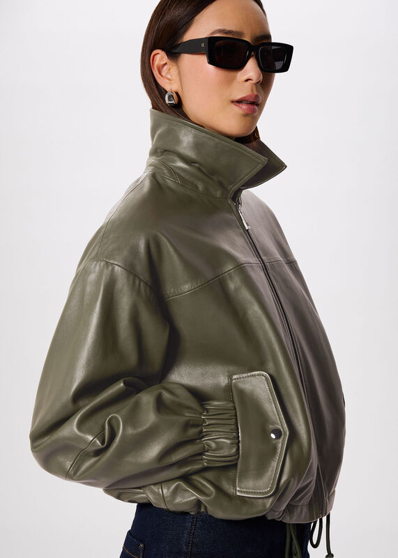 Khaki Frida Leather Bomber Jacket