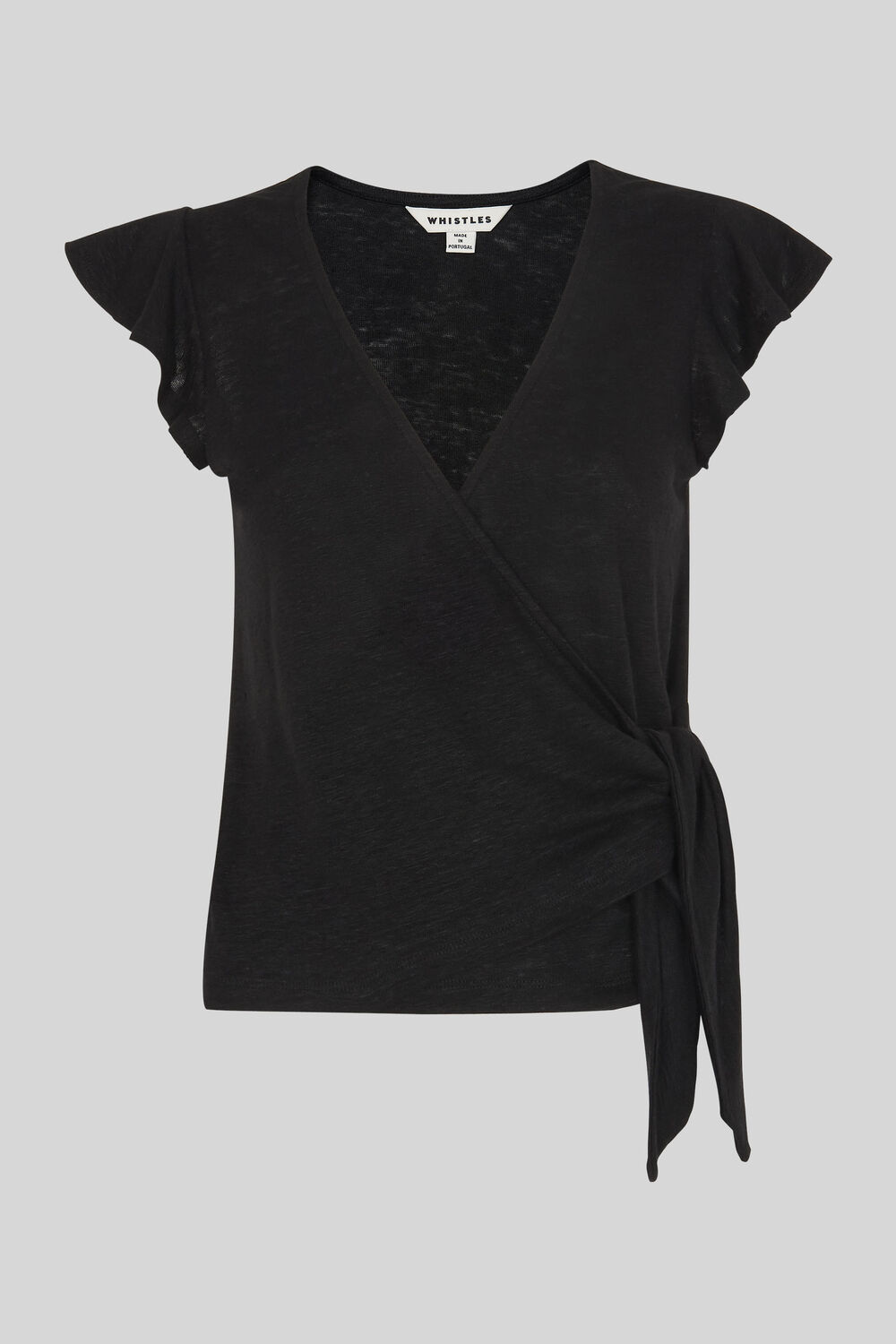 Frill Sleeve Linen Wrap Top Black