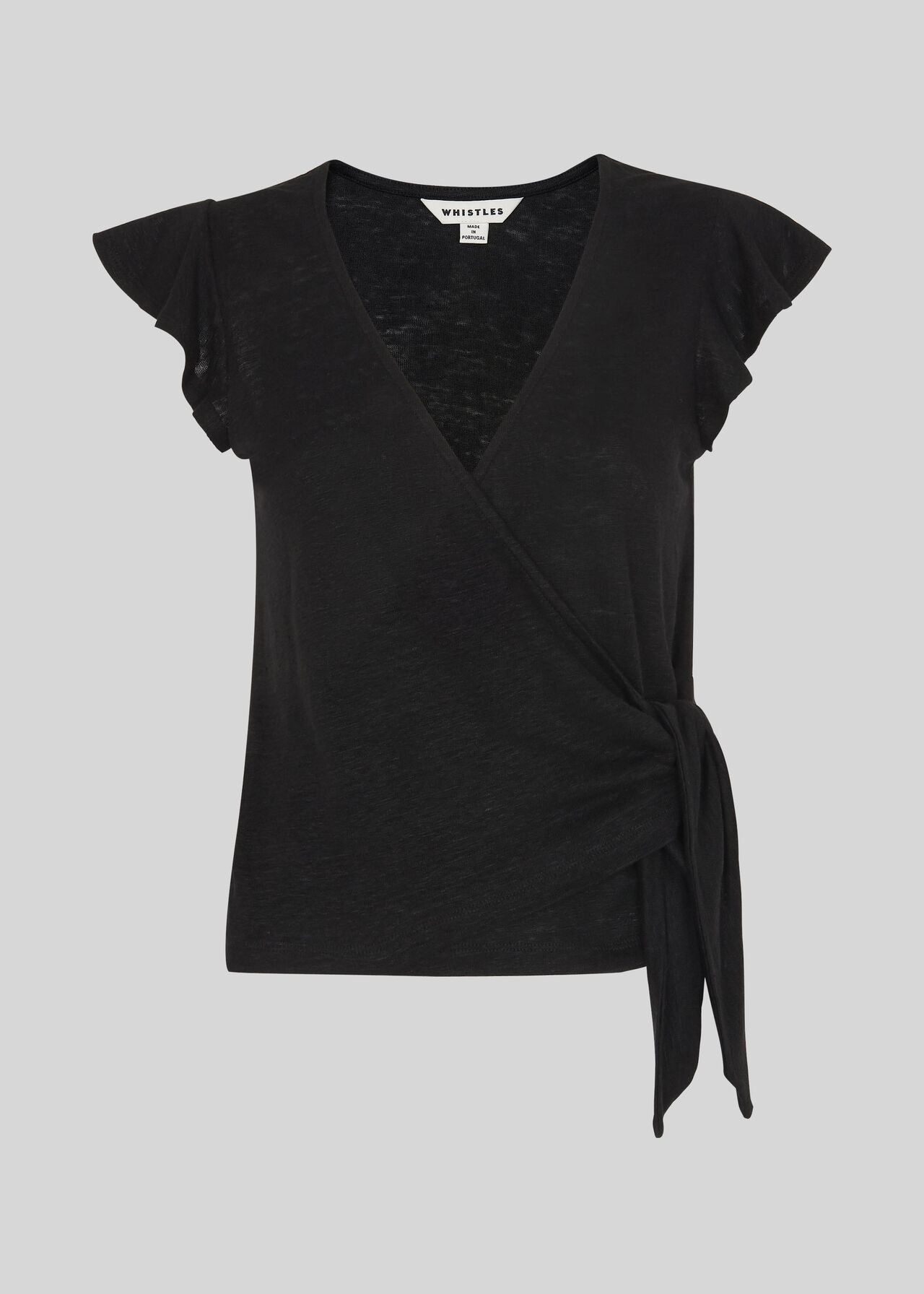 Frill Sleeve Linen Wrap Top Black